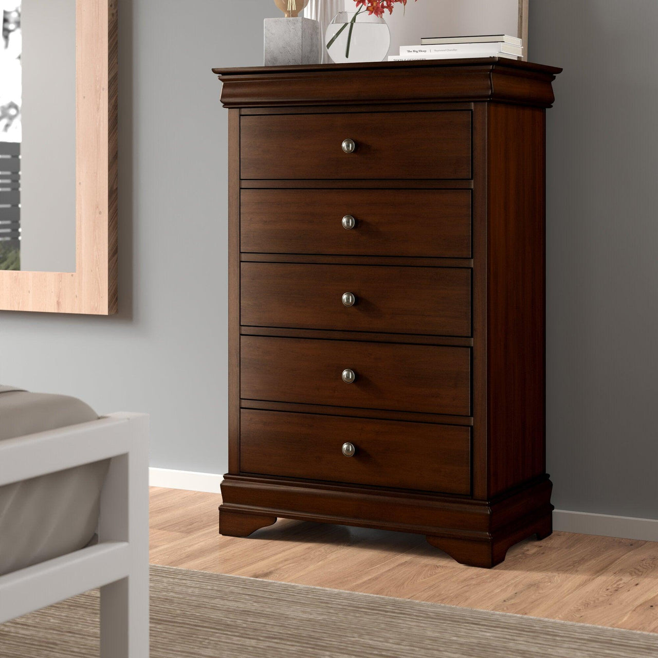 1pc Chest of Drawers, Brown Cherry Finish with Okume Veneer, Bedroom Furniture