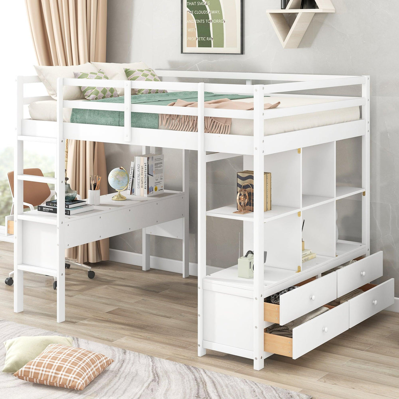 Full Size Loft Bed with Built-in Desk with Two Drawers, and Storage Shelves and Drawers, White