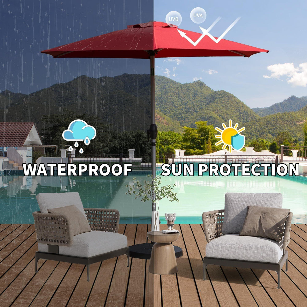 7.5FT Brick Red Patio Umbrella with Push-Button Tilt & Crank, UV Protection, Waterproof, 8 Ribs