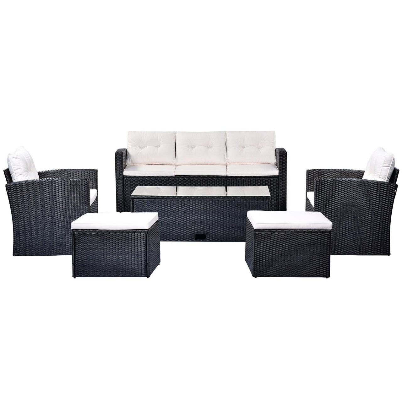 6-Piece All-Weather Wicker Patio Set, Outdoor Sectional with Coffee Table & Removable Cushions (Black Wicker, Beige)