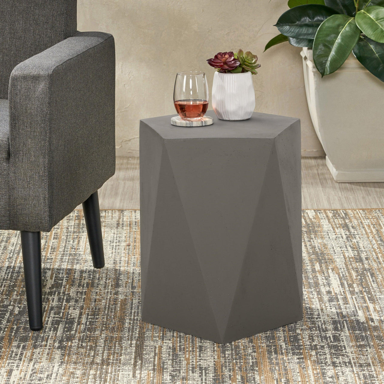 Modern Light Gray Pentagonal Side Table in Lightweight Concrete