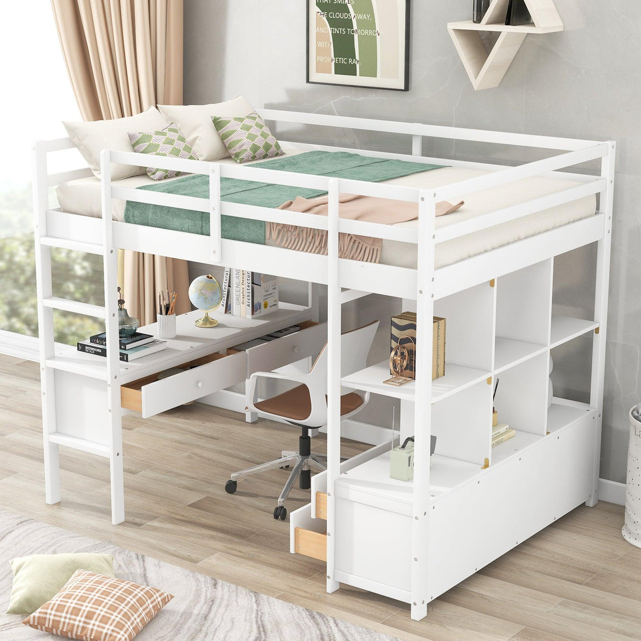 Full Size Loft Bed with Built-in Desk with Two Drawers, and Storage Shelves and Drawers, White