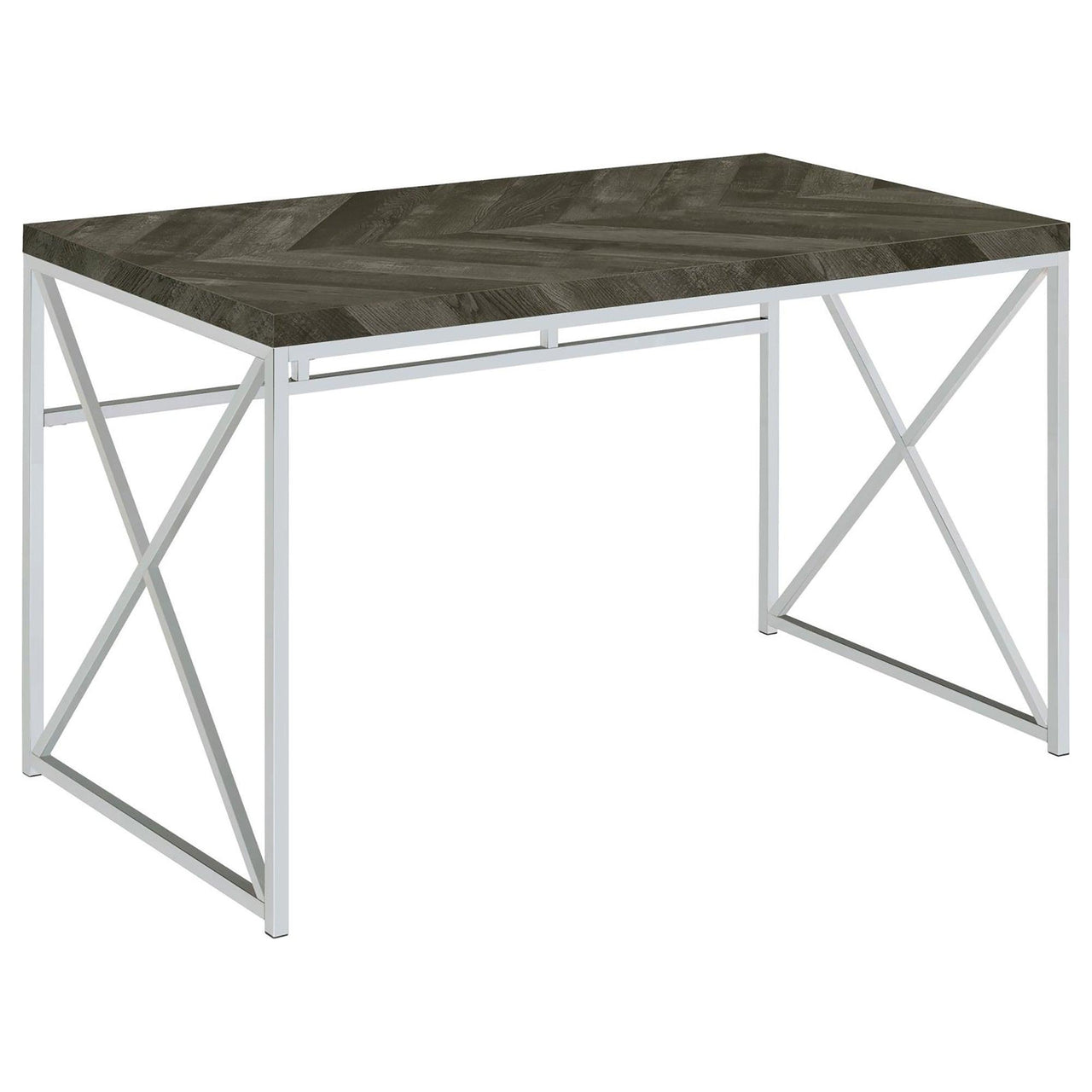 Modern Computer Desk, 47" Rustic Grey Herringbone Surface, Chrome Metal Base