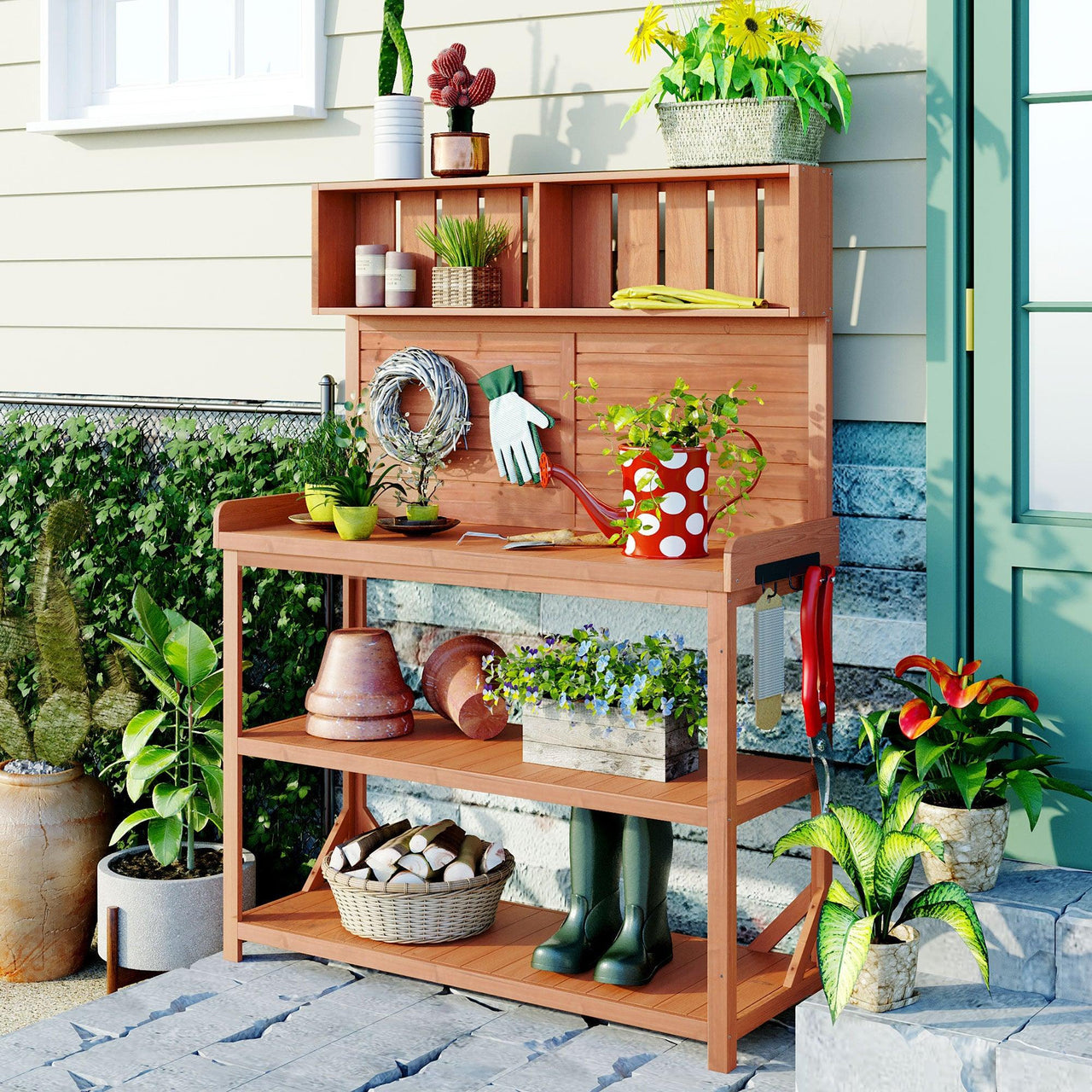 65" Rustic Outdoor Potting Bench, Large Wooden Farmhouse Table with 4 Shelves & Hooks