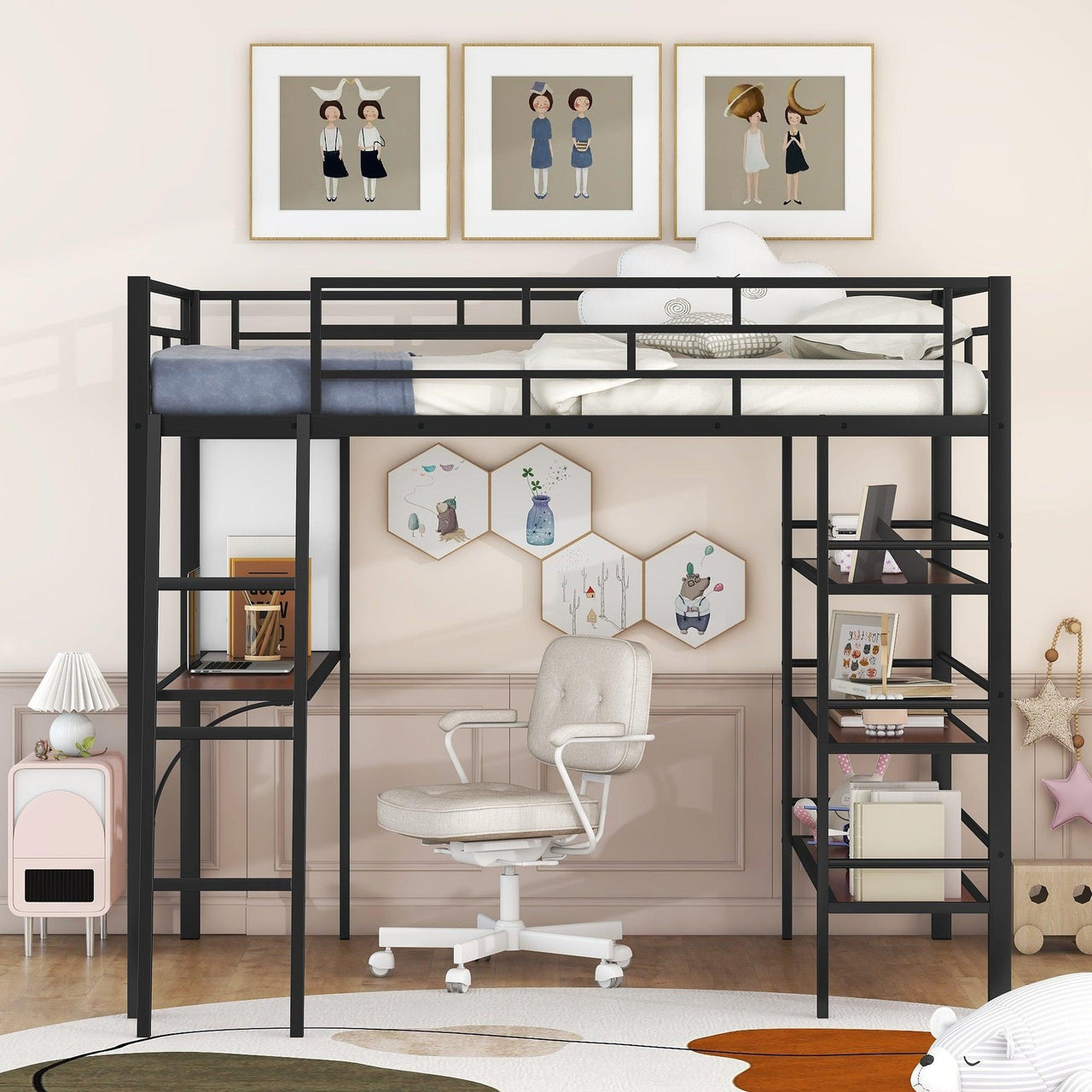 Black Full-Size Metal Loft Bed with 3 Shelves, Desk, and Whiteboard, Stylish Frame Design