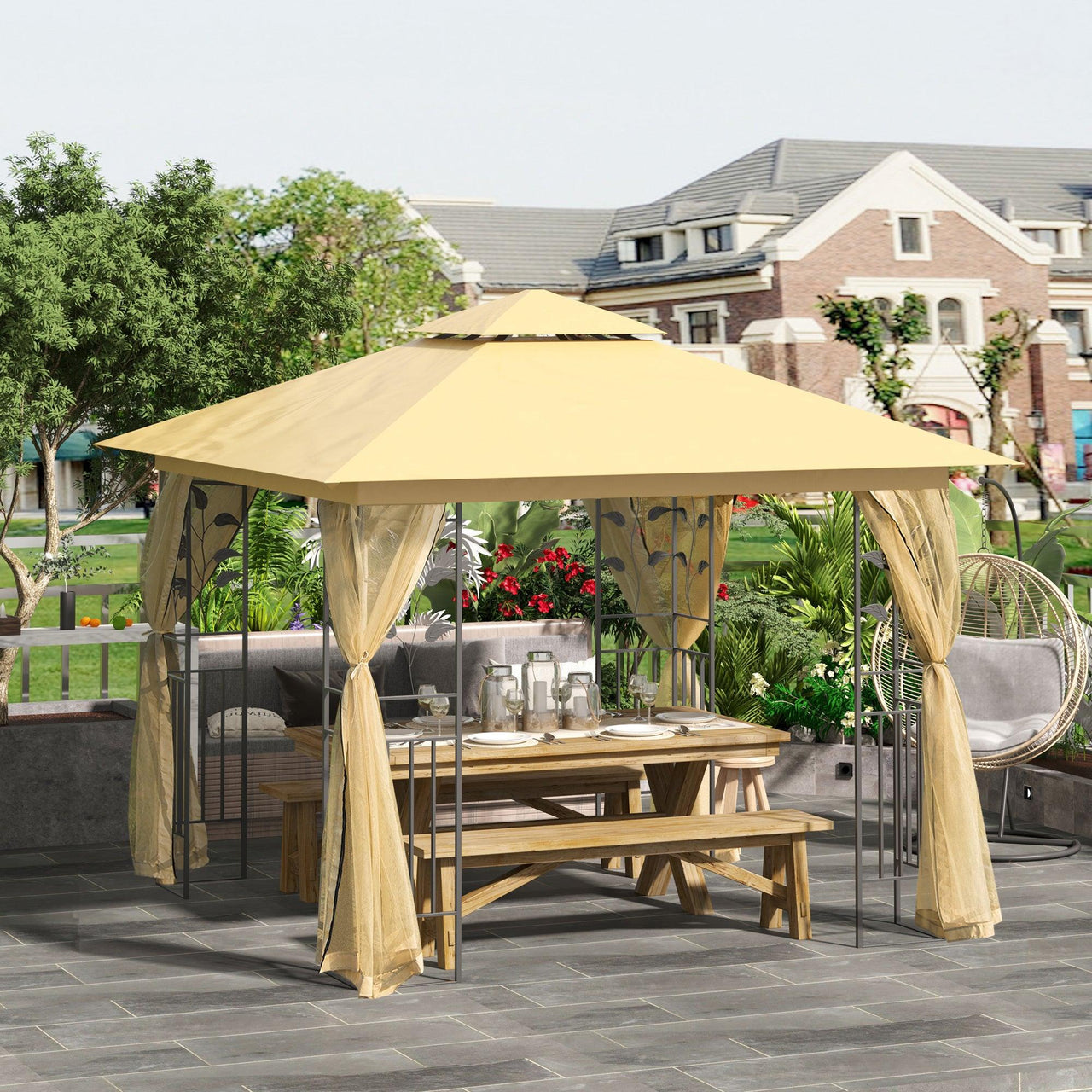 10' x 10' Metal Patio Gazebo, Double Roof Outdoor Gazebo Canopy Shelter with Tree Motifs Corner Frame, Beige