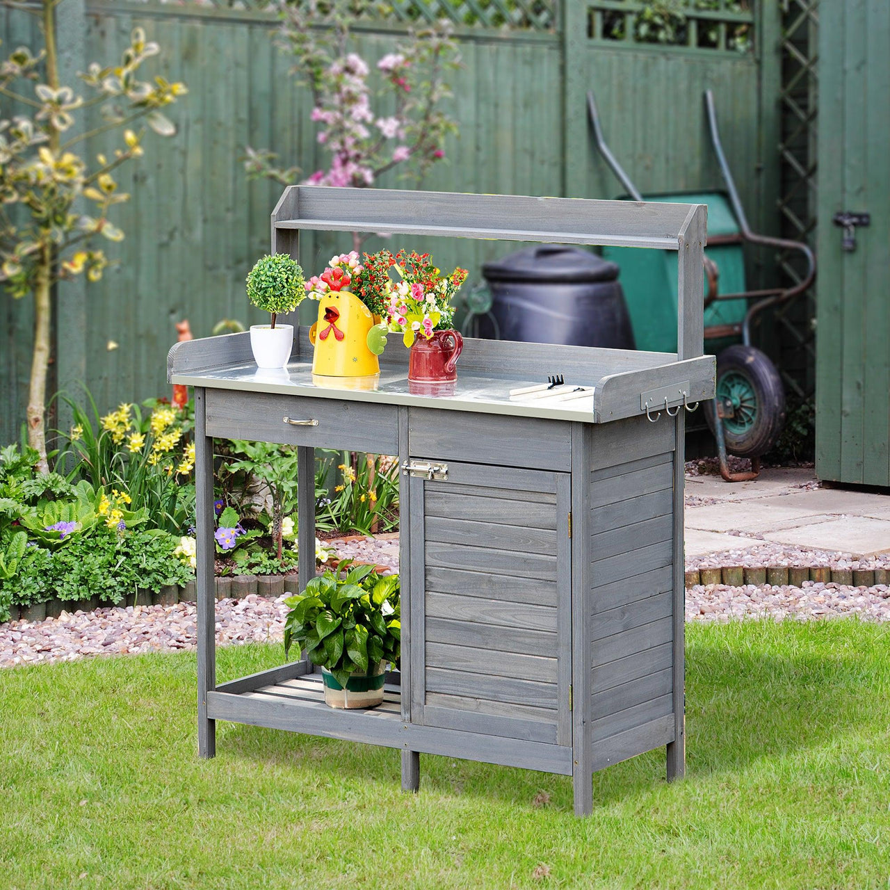 Outdoor Potting Bench Table with Storage Cabinet, Open Shelf, and Steel Tabletop, Gray