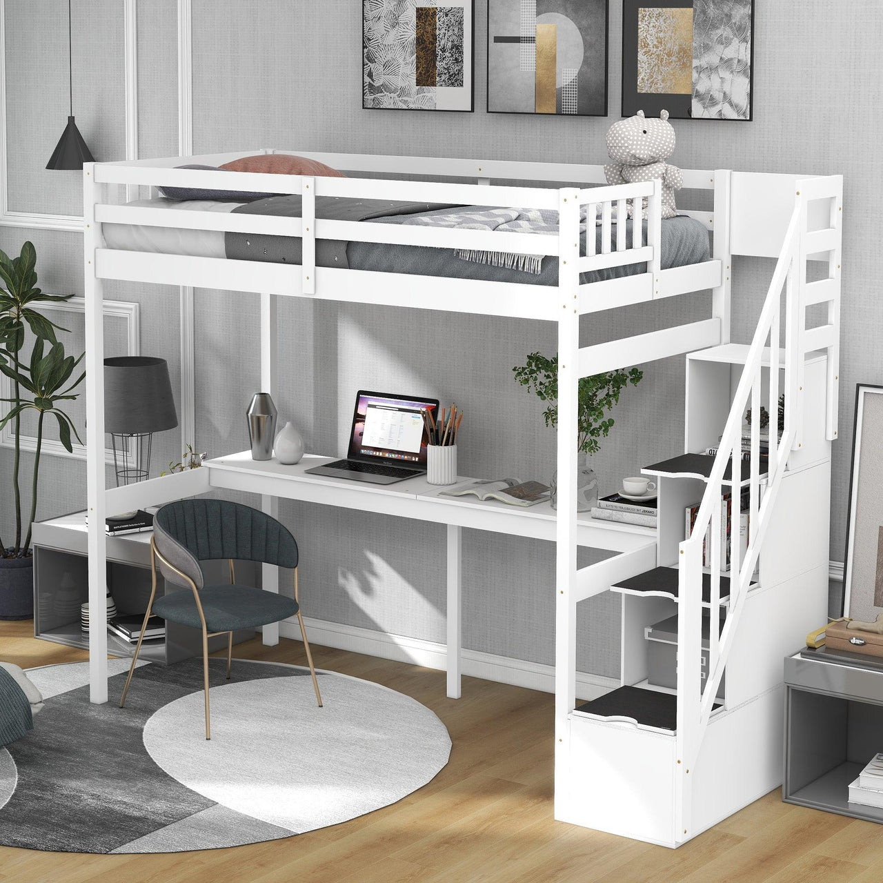 White Twin Loft Bed with Storage Staircase and Built-in Desk