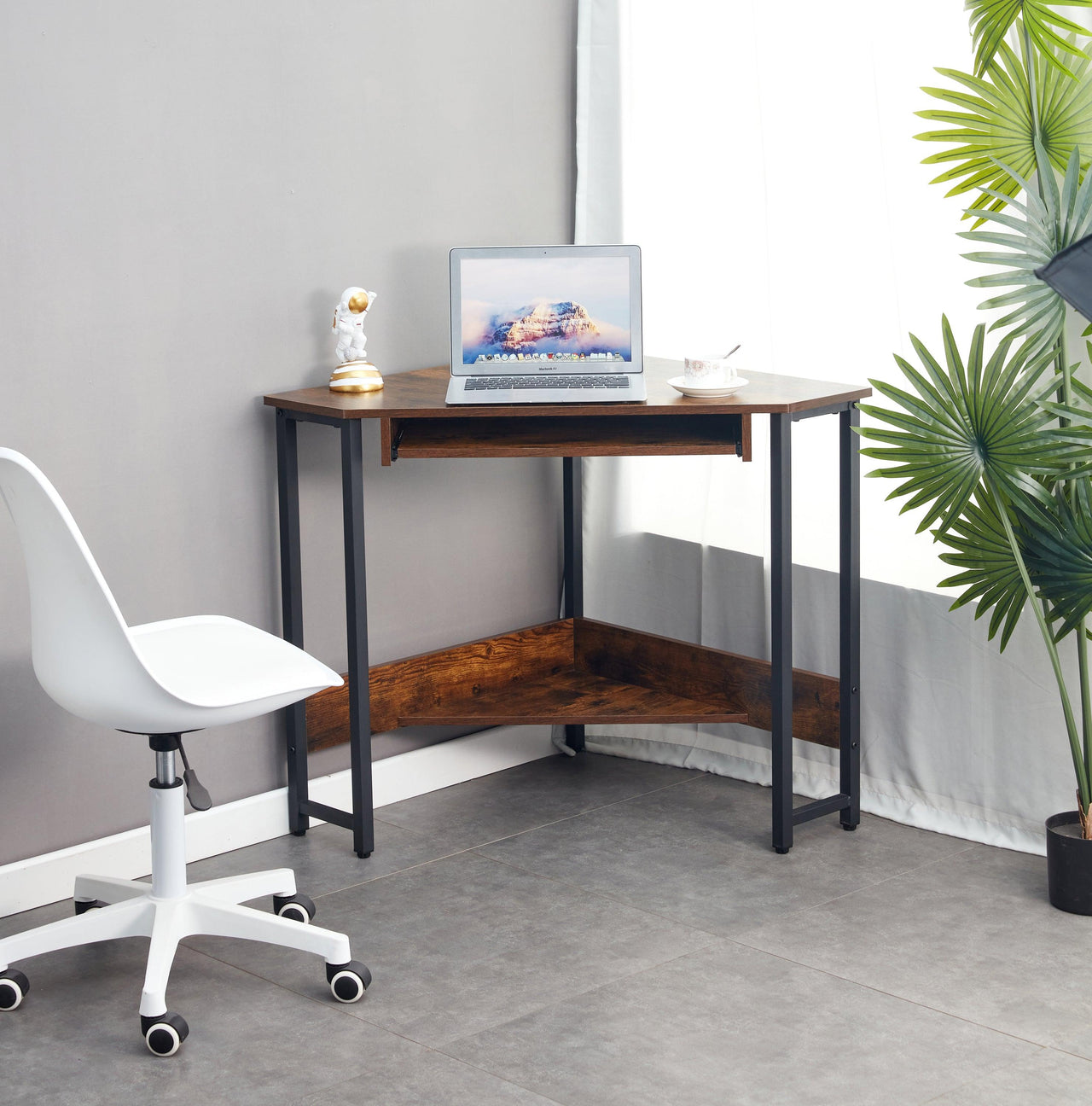 HPS Triangle Corner Computer Desk with Keyboard Tray, Storage Shelves, and Sturdy Steel Frame