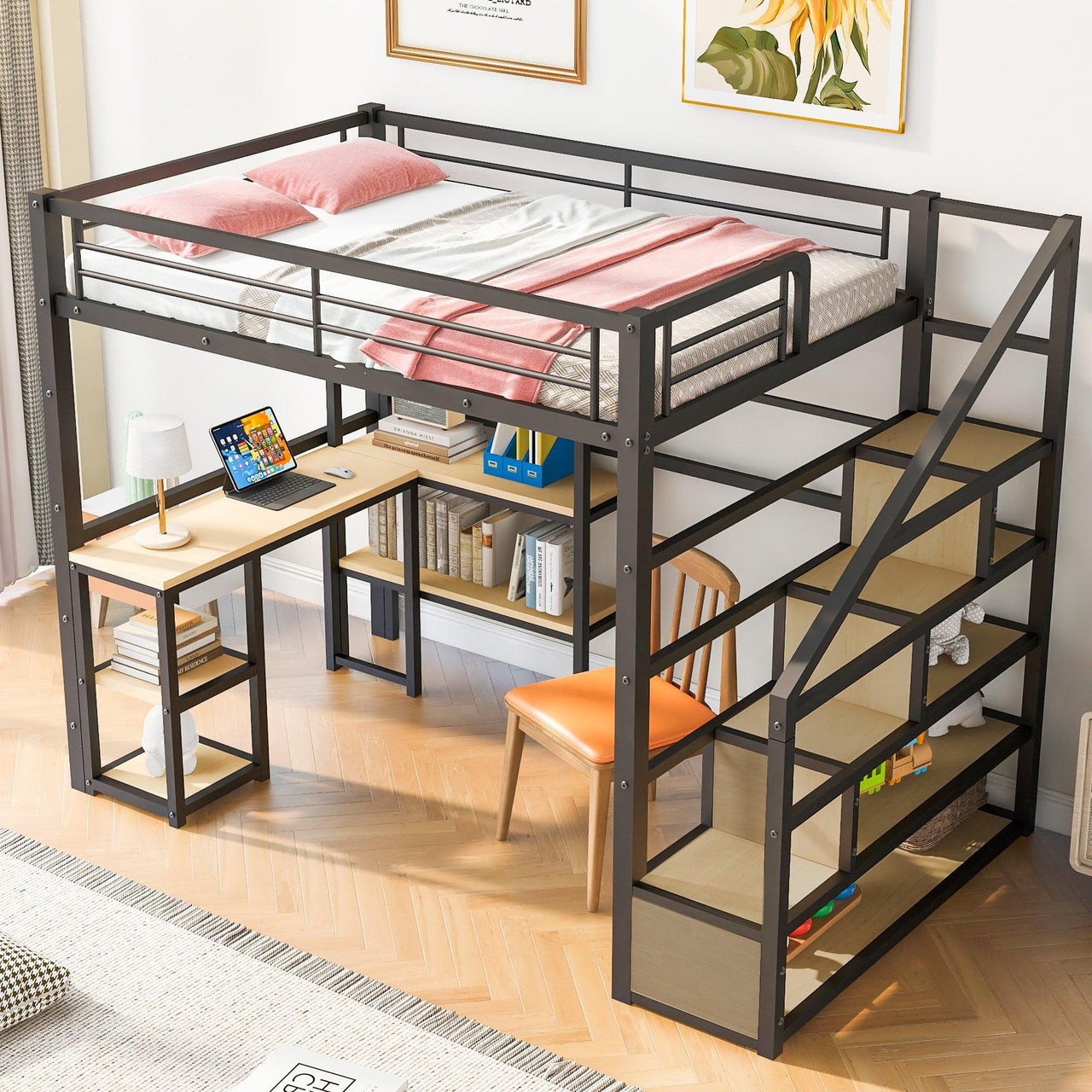 Black Full-Size Metal Loft Bed with Staircase, Built-in Desk, and Shelves