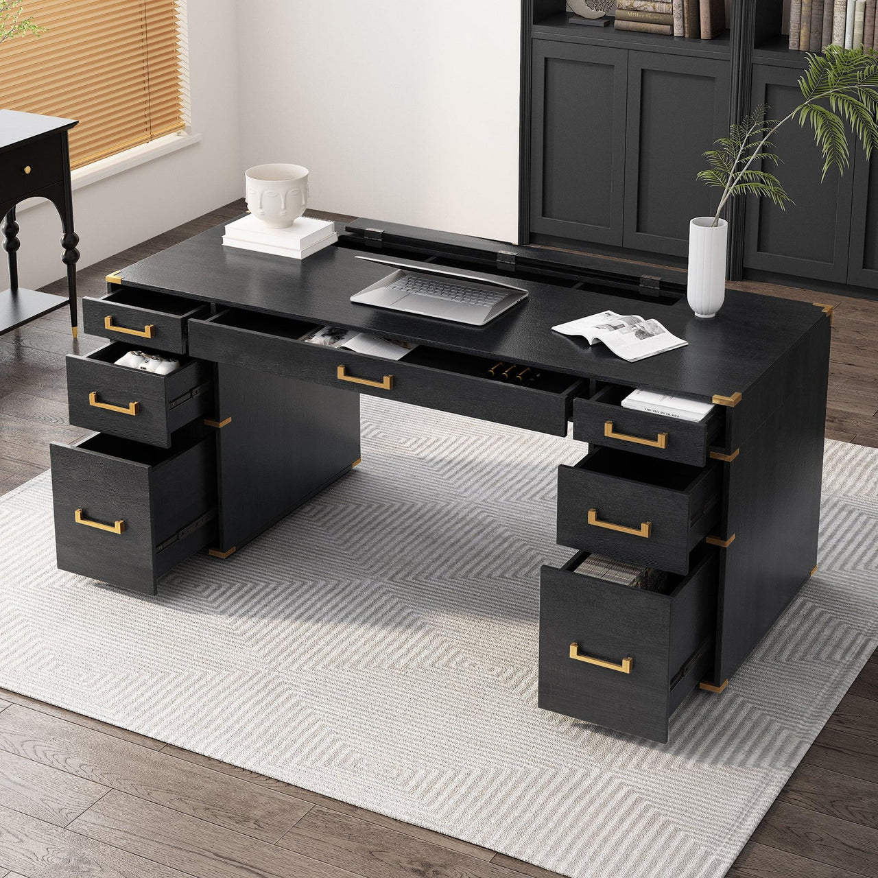 70" Classic Computer Desk with Metal Trim, 2 File Drawers, USB Ports, and Hidden Compartment, Black