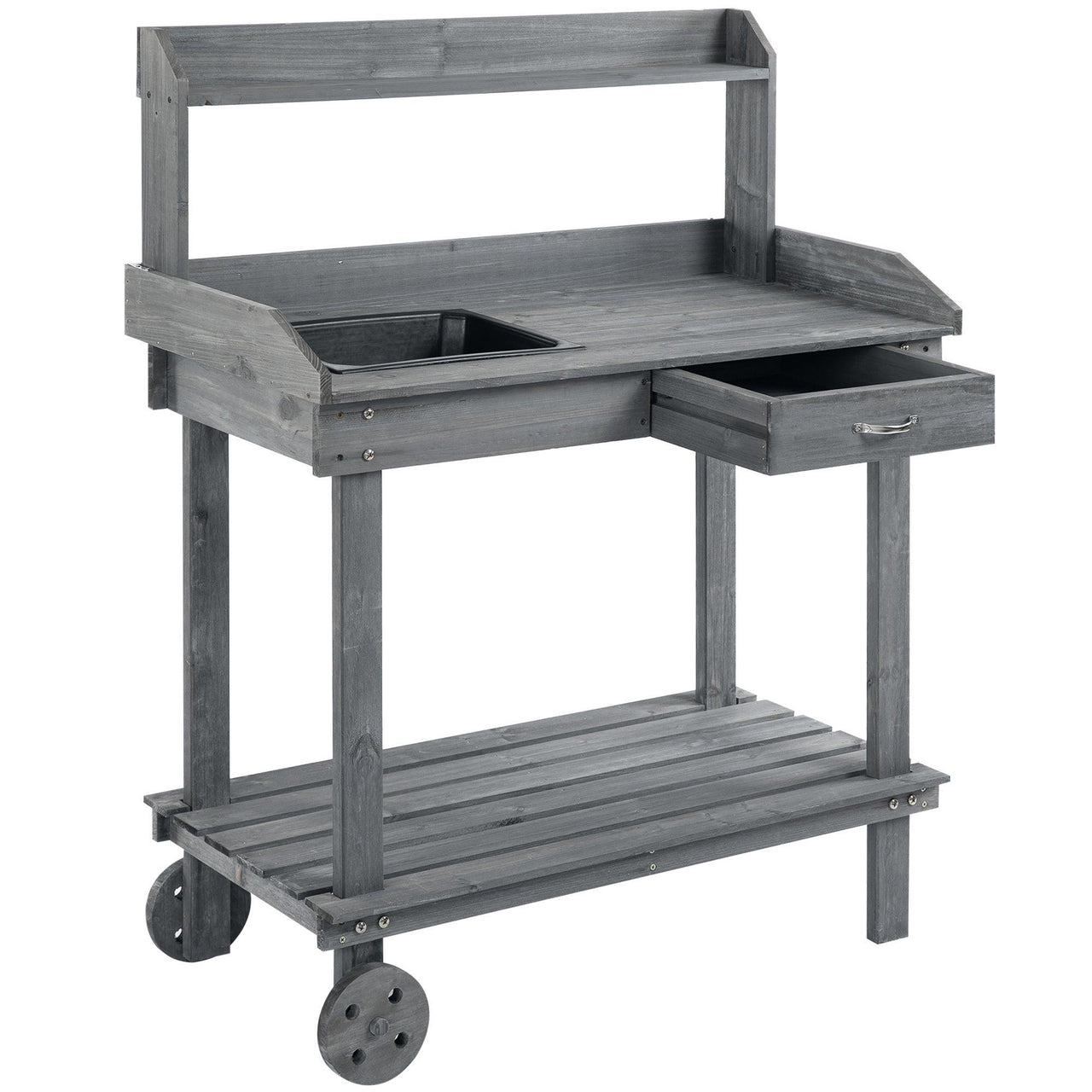 36'' Wooden Potting Bench with Wheels, Sink, Drawer & Large Storage, Gray