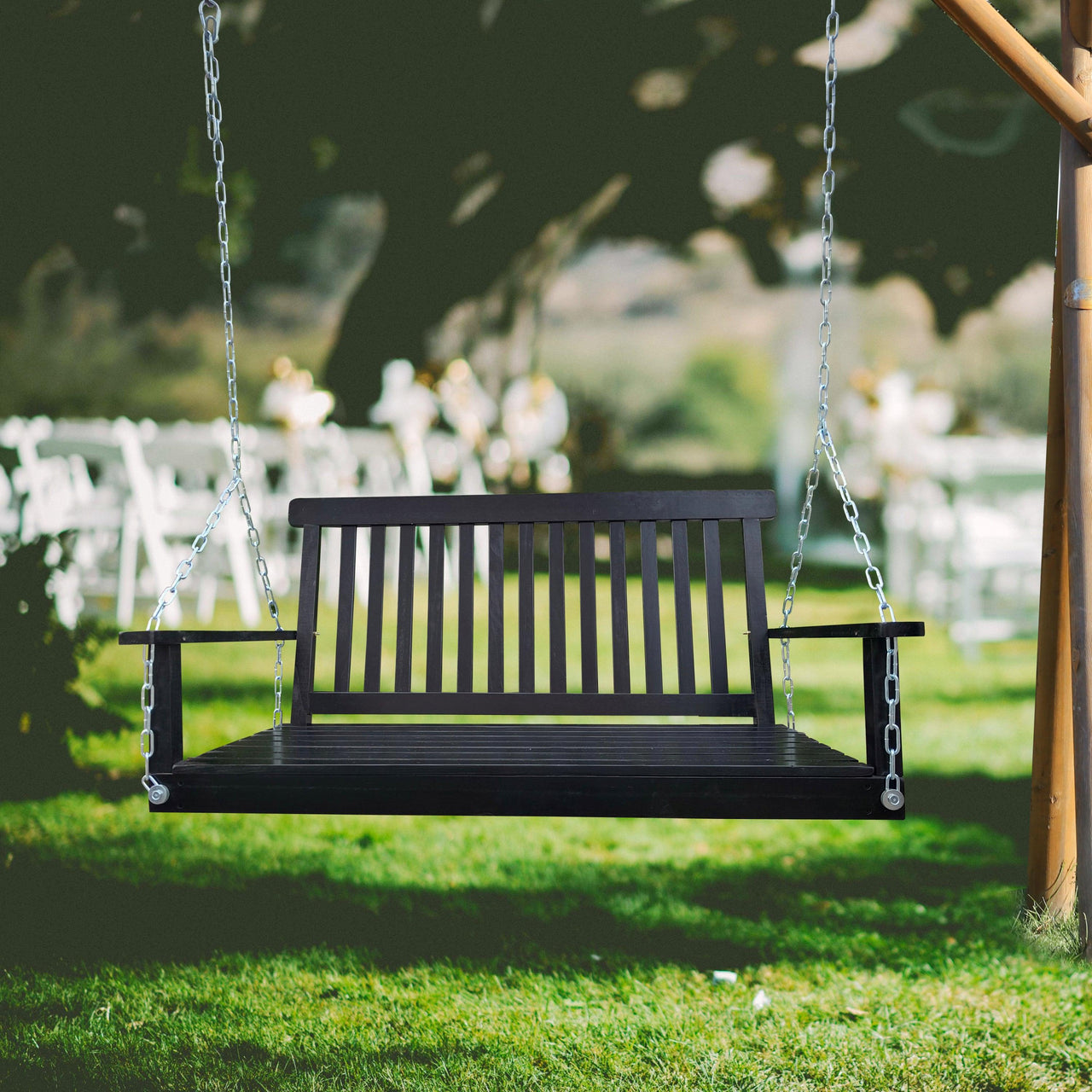 Black Front Porch Swing with Armrests and Hanging Chains, Easy to Assemble