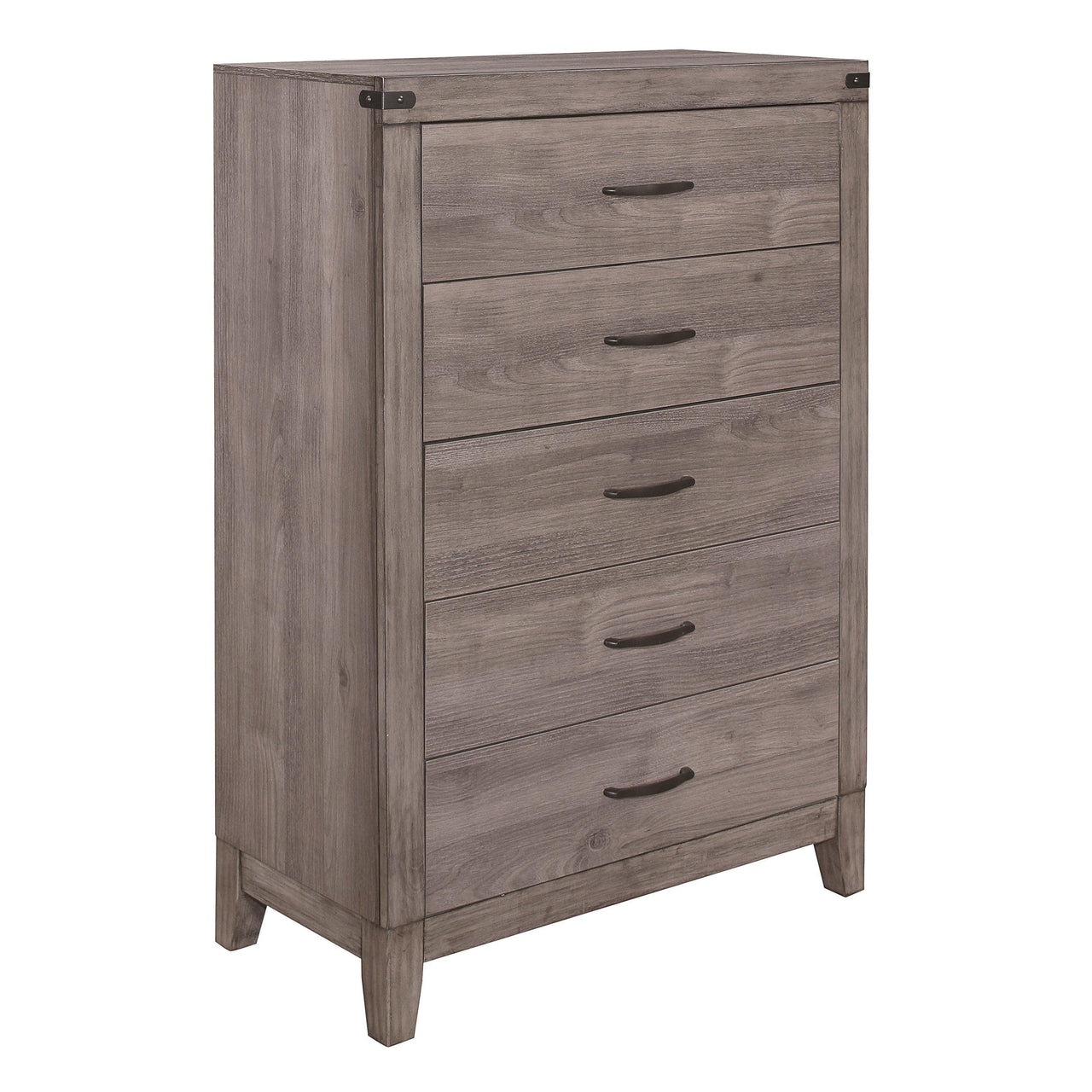 Brownish Gray Finish 1pc Bedroom Chest of 5 Drawers Melamine Laminate Dark Metal Hardware Corner Rivets