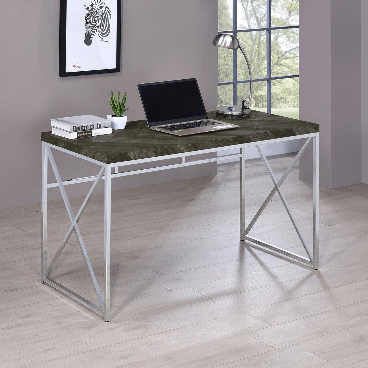 Modern Computer Desk, 47" Rustic Grey Herringbone Surface, Chrome Metal Base