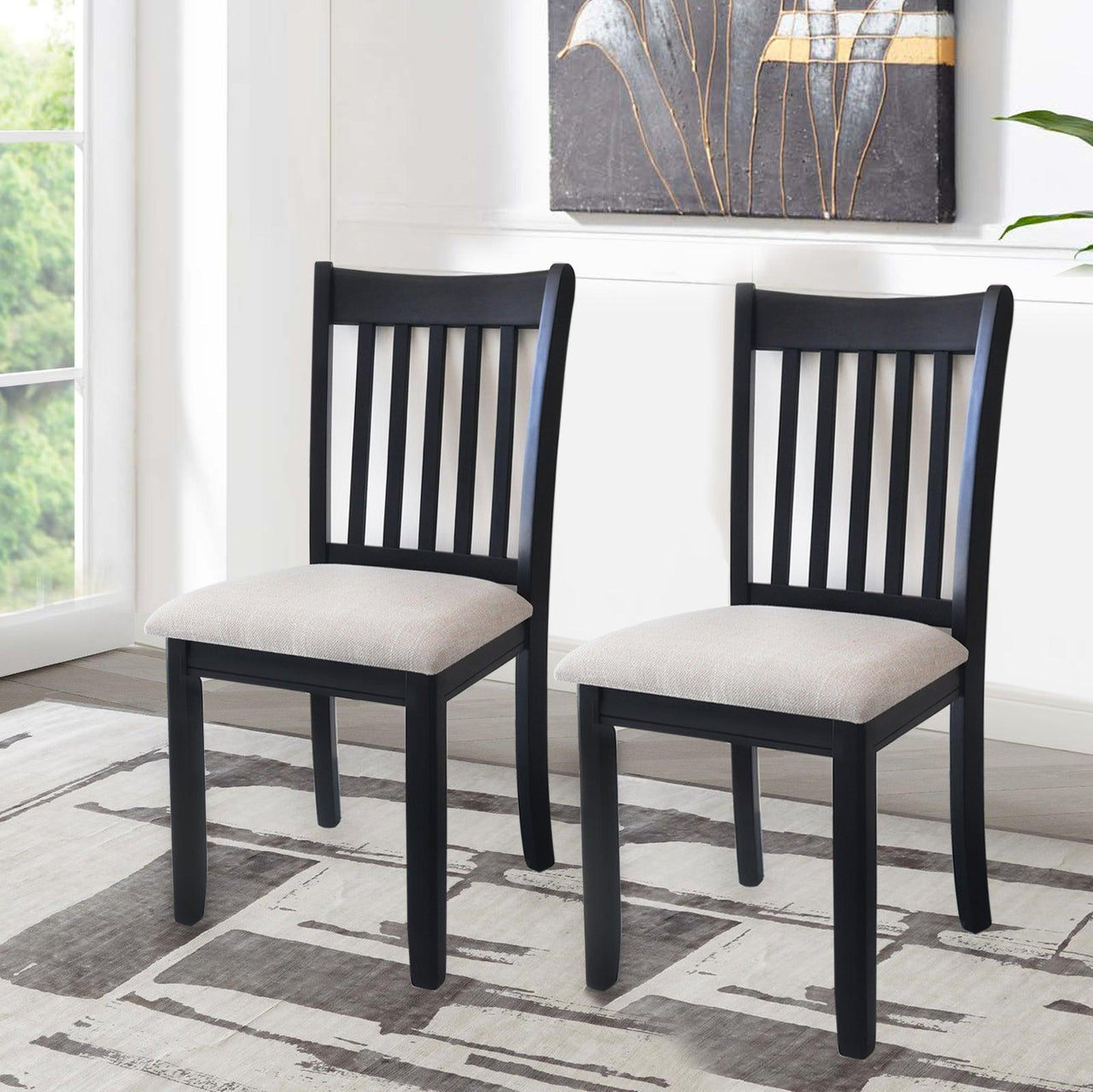 Black Dining Room Chairs Set of 2, Cushioned Seats with Wooden Backs