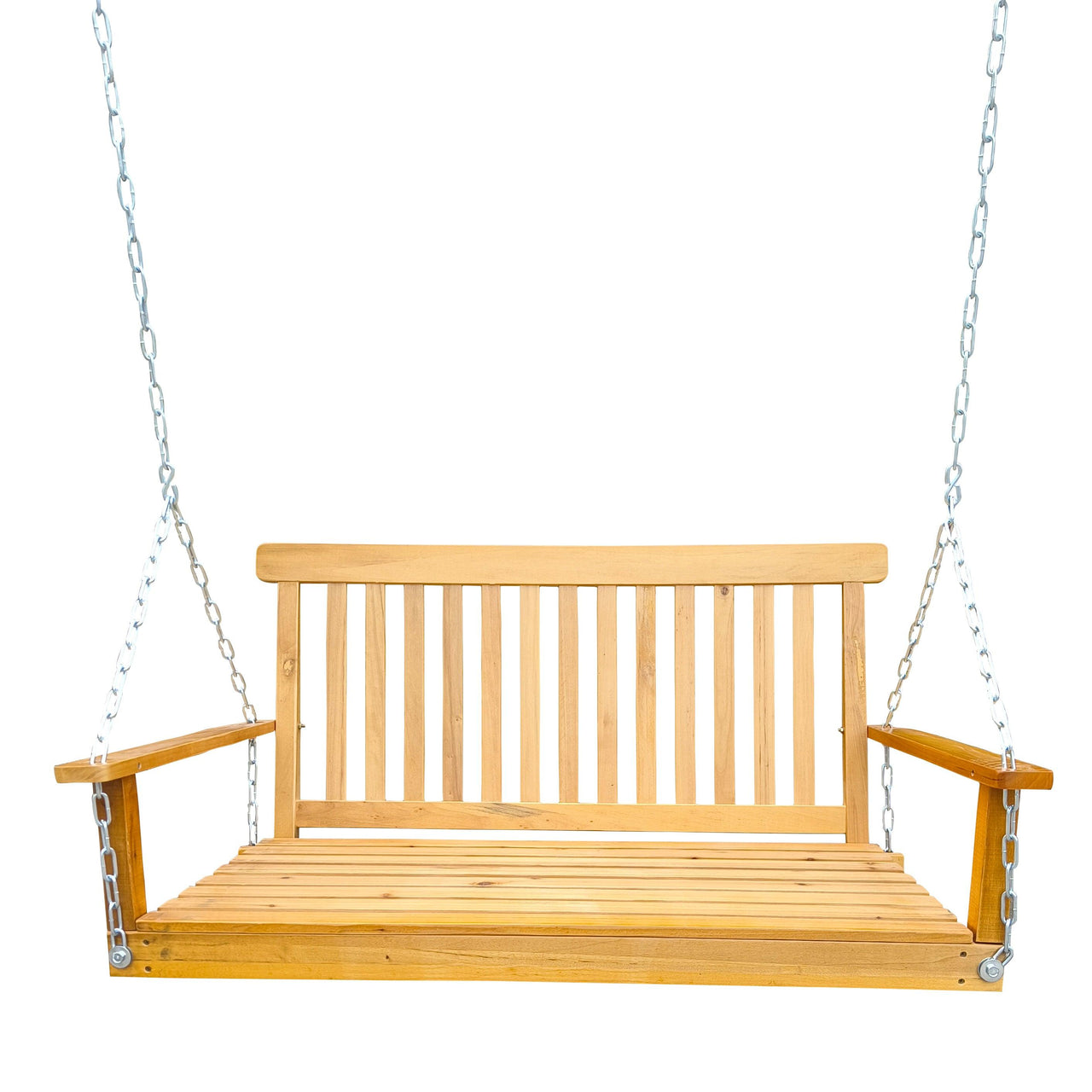 Teak Front Porch Swing with Armrests and Hanging Chains, Easy to Assemble