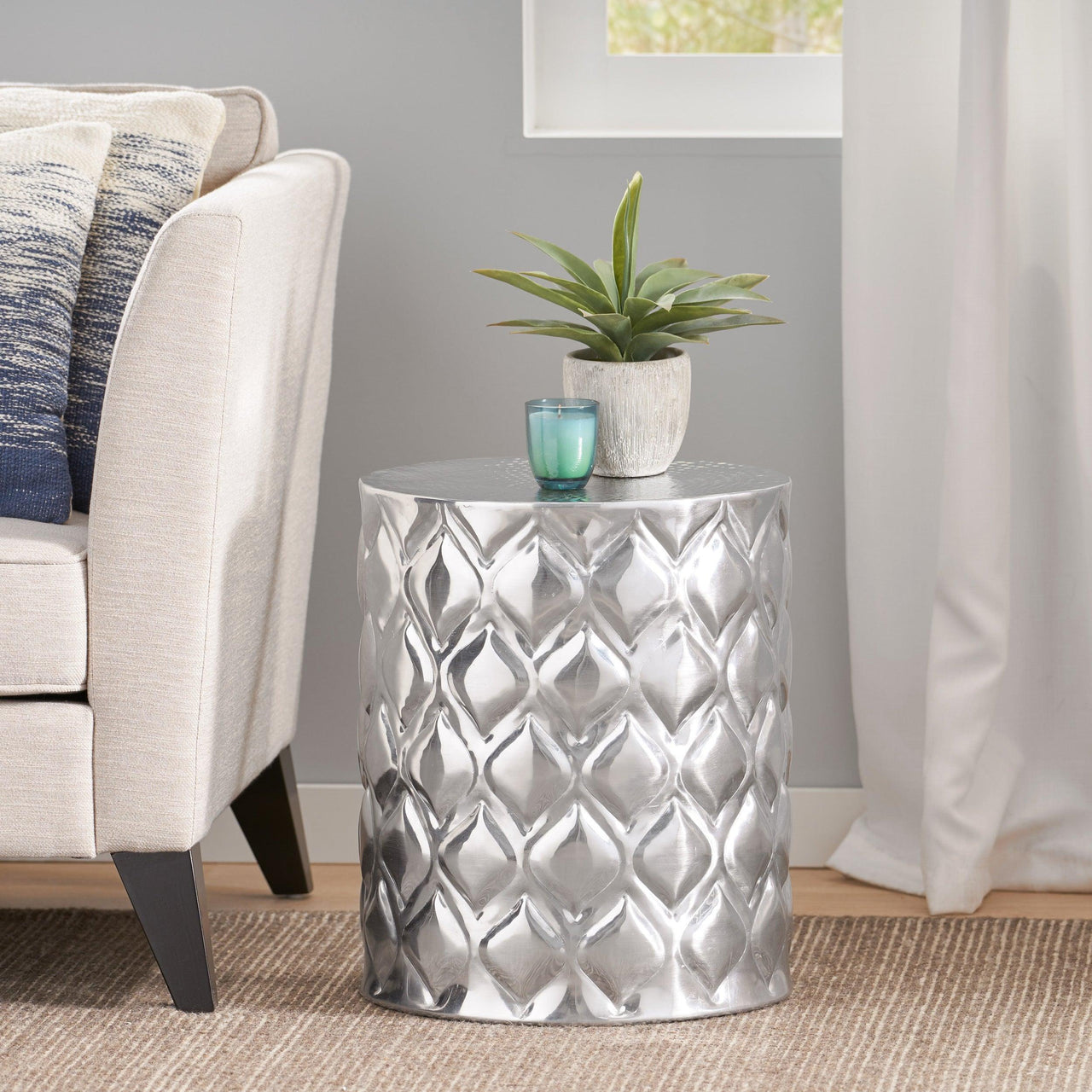 Modern Glam Silver Aluminium Side Table with Hammered Texture