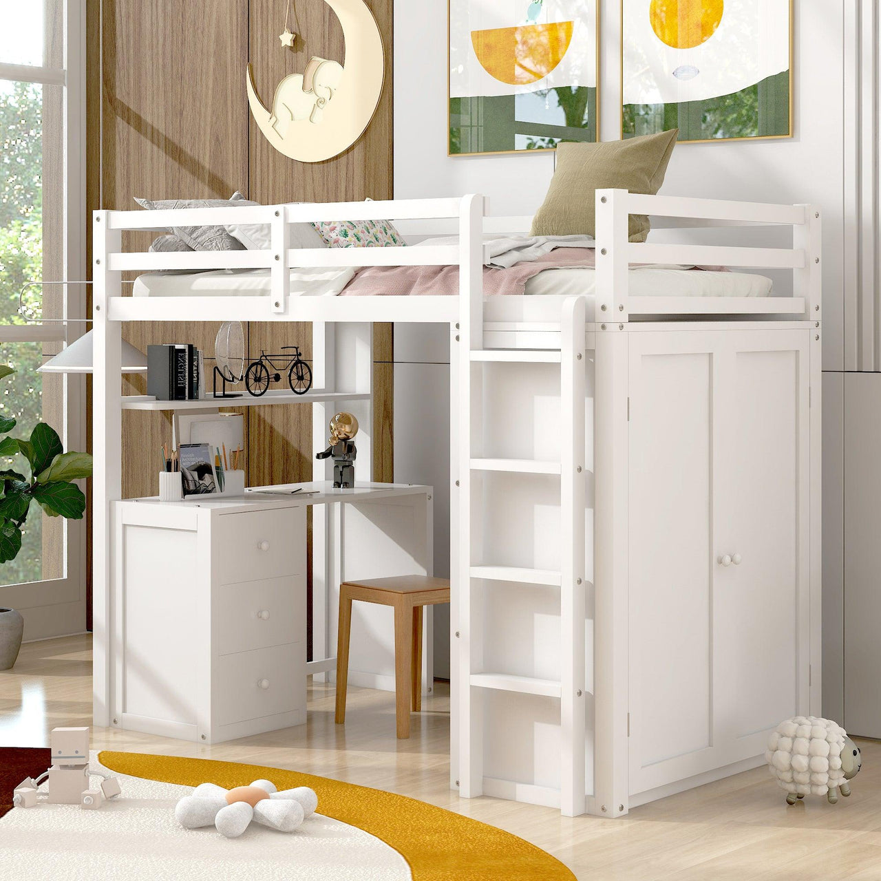 Twin size Loft Bed with Drawers, Desk And Wardrobe-White