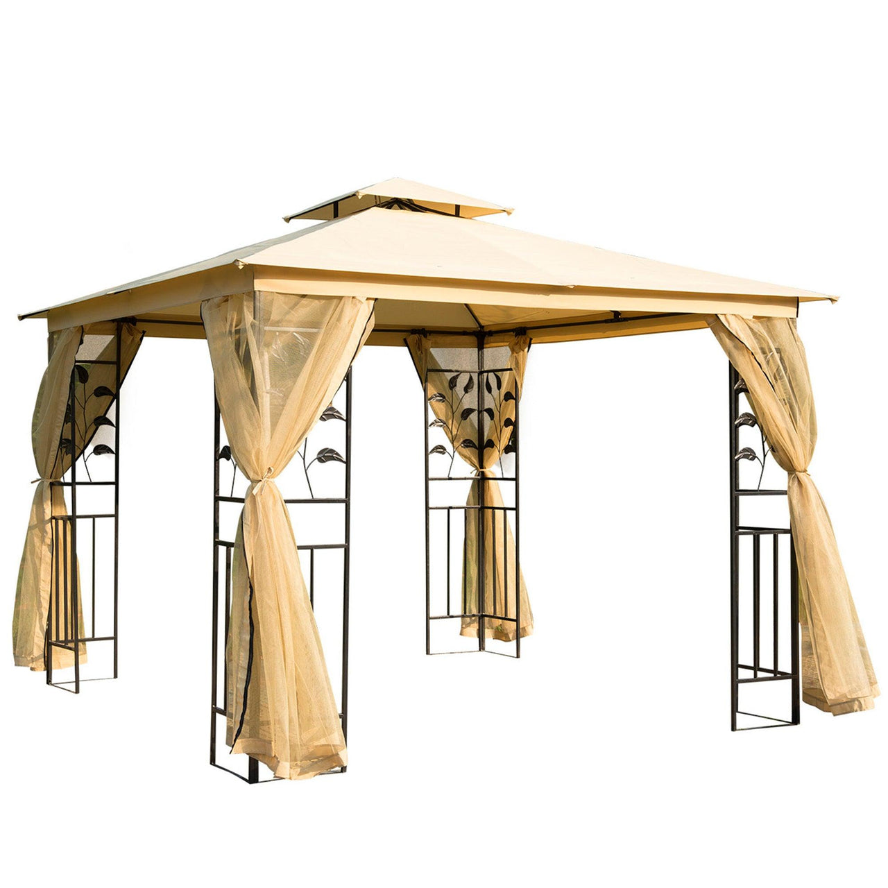 10' x 10' Metal Patio Gazebo, Double Roof Outdoor Gazebo Canopy Shelter with Tree Motifs Corner Frame, Beige