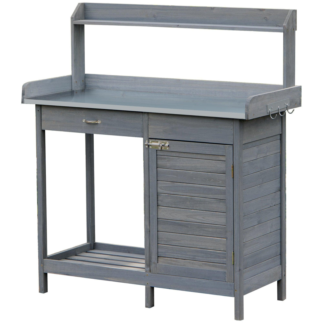 Outdoor Potting Bench Table with Storage Cabinet, Open Shelf, and Steel Tabletop, Gray