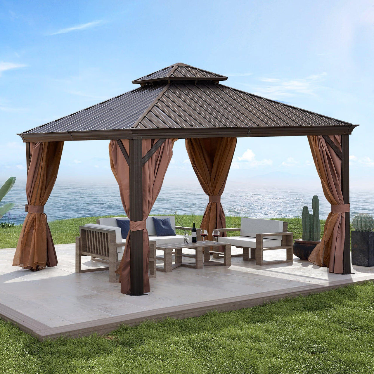 12*12FT Gazebo with steel canopy, Outdoor Permanent Hardtop Gazebo Canopy for Patio