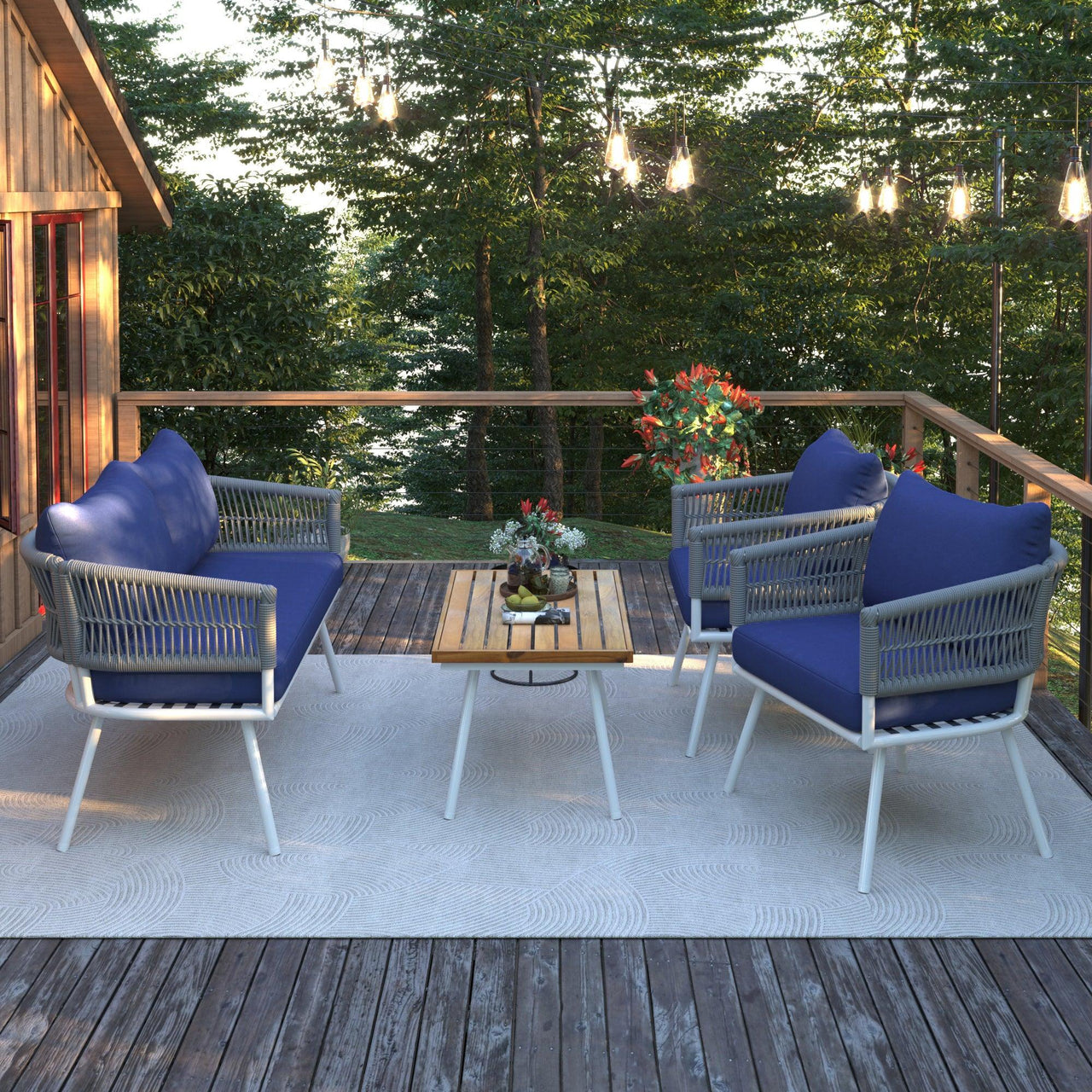 4-Piece Boho Rope Patio Set, Outdoor Furniture with Acacia Wood Table, Deep Seating & Thick Cushions, Navy Blue