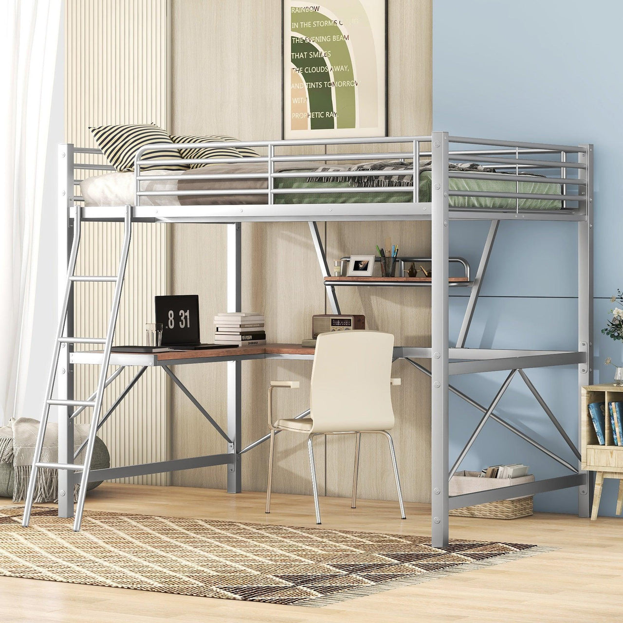 Full Size Loft Metal & MDF Bed with Desk and Shelf, Silver