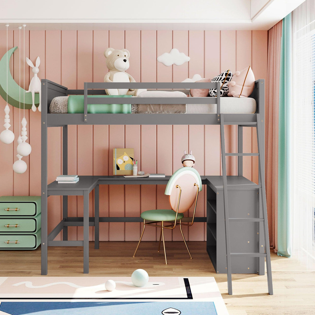 Gray Full-Size Wooden Loft Bed with Shelves and Built-in Desk