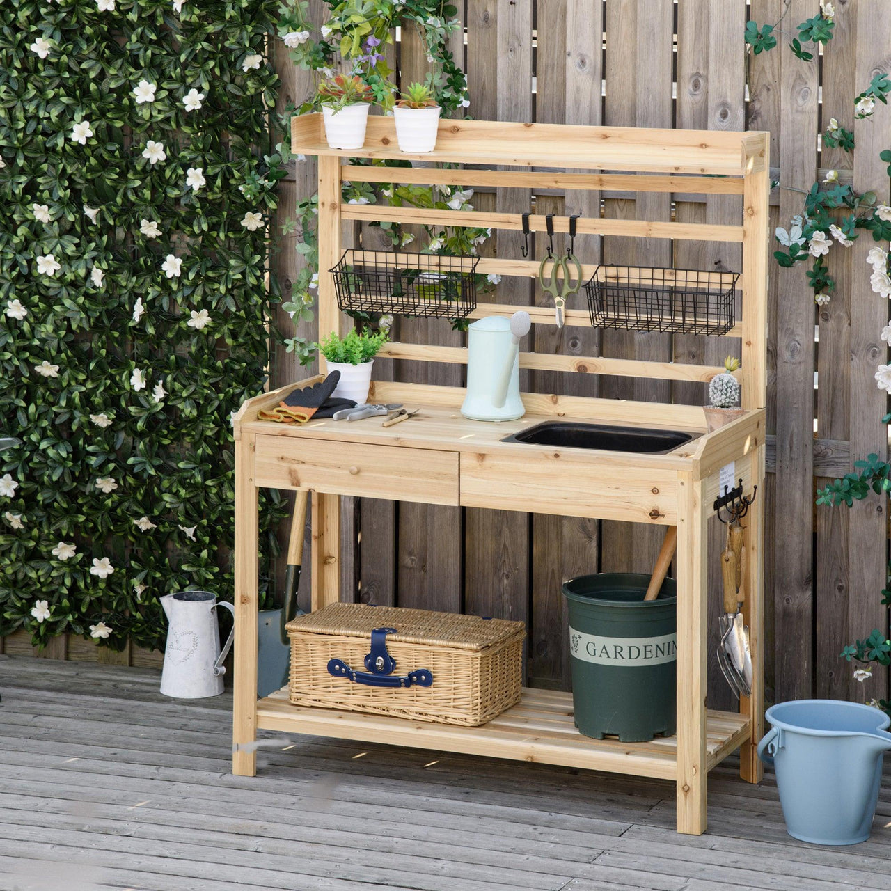 Potting Bench Table: Garden Workstation with Metal Sieve, Removable Sink, Hooks, Baskets, Natural