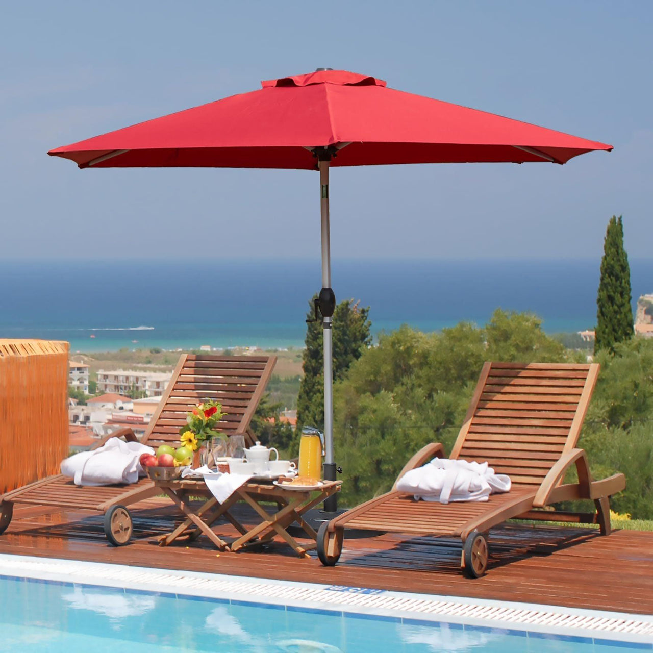 7.5FT Brick Red Patio Umbrella with Push-Button Tilt & Crank, UV Protection, Waterproof, 8 Ribs