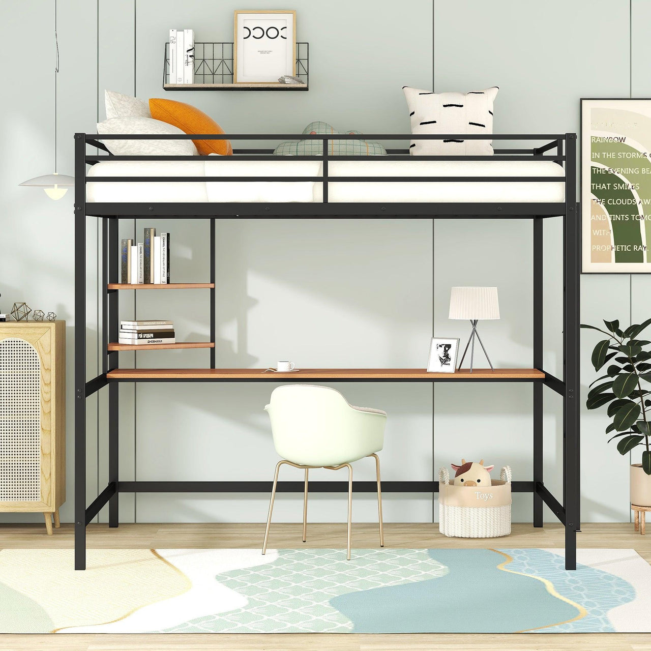 Full Metal Loft Bed with Desk and Shelves, Black