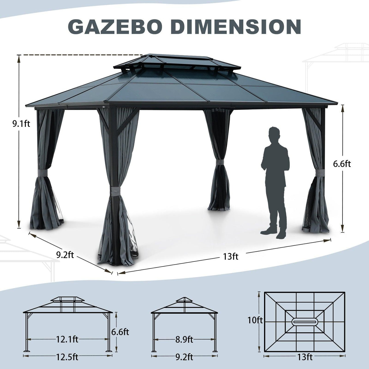 10X13ft Patio Gazebo with Netting & Curtains, Black