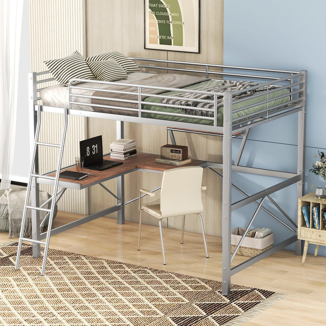 Full Size Loft Metal & MDF Bed with Desk and Shelf, Silver