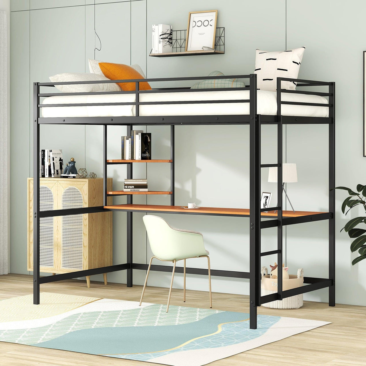 Full Metal Loft Bed with Desk and Shelves, Black