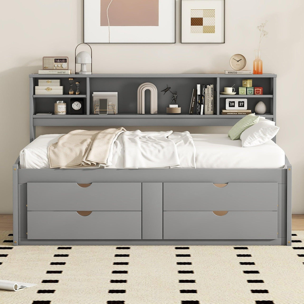 Full Size Wood Daybed with 2 Bedside Cabinets, Upper Shelves and 4 Drawers, Gray