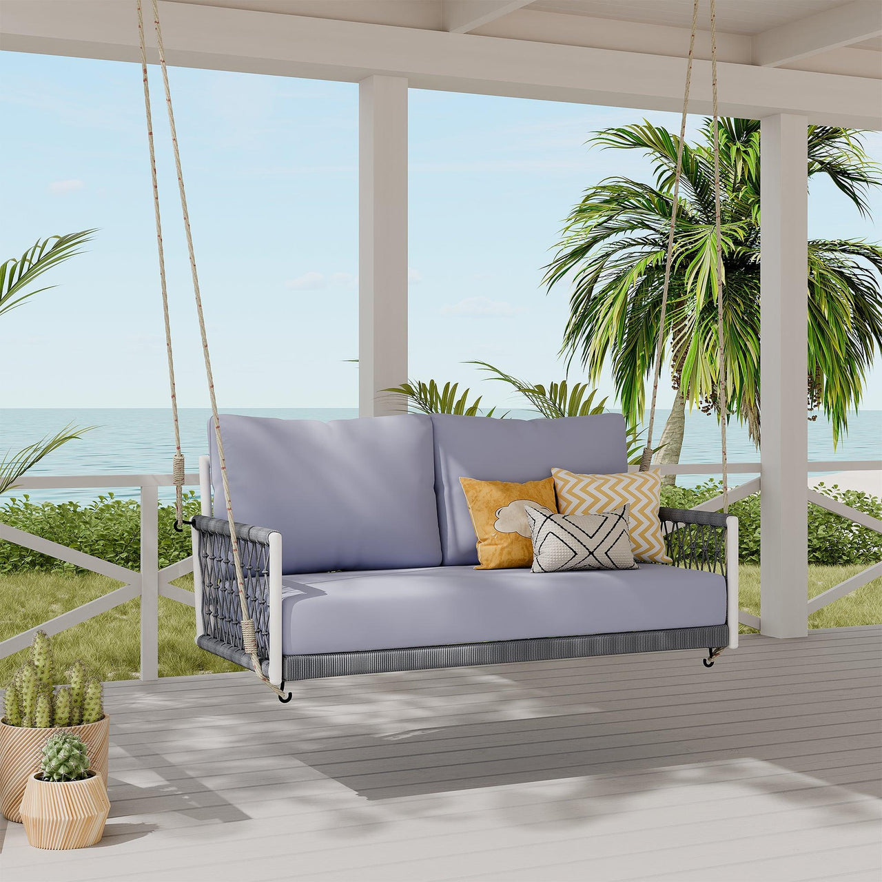 Woven Rope Outdoor Porch Swing Sofa with Cushions, Seats 2, Light Grey