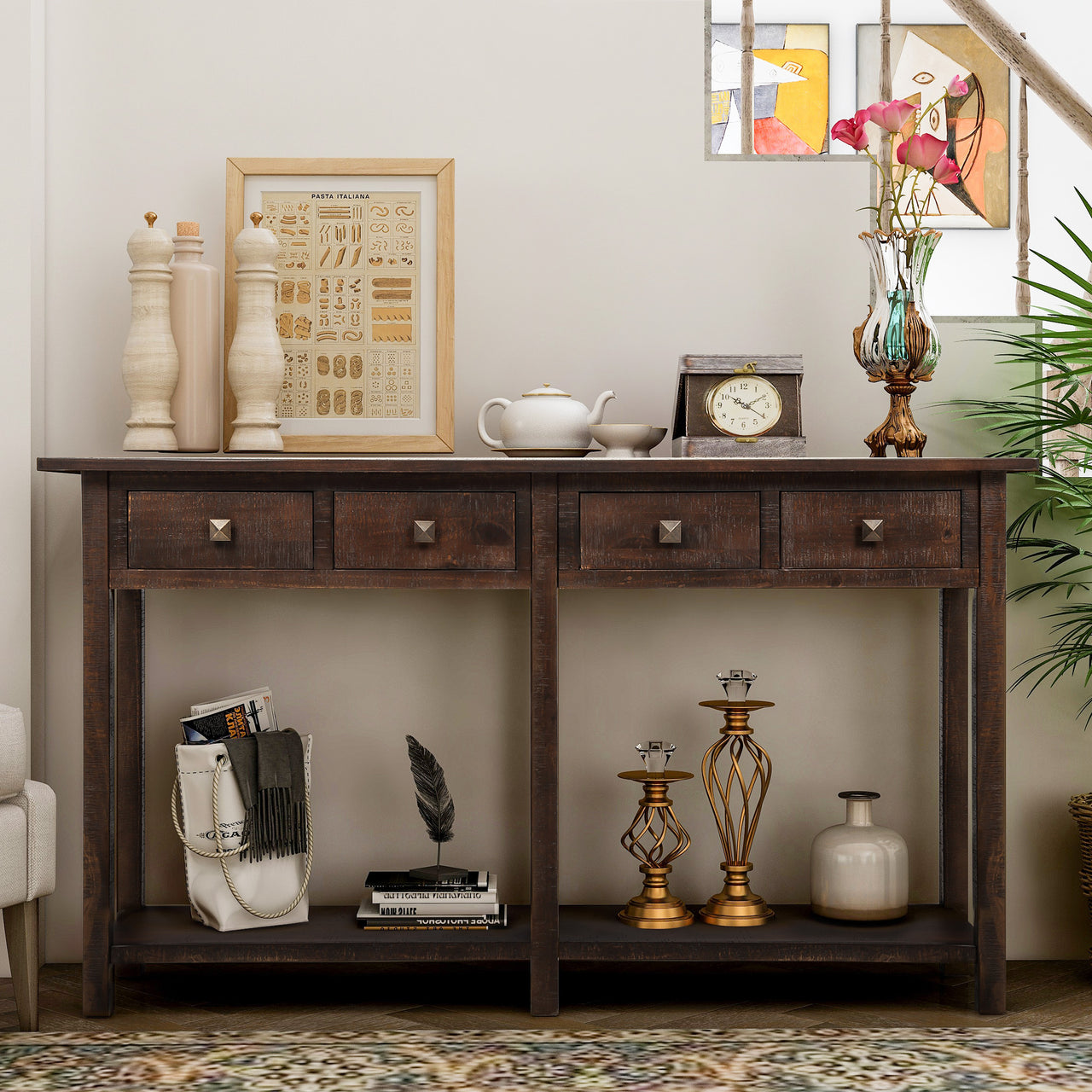 Rustic Brushed Texture Entryway Table Console Table with Drawer and Bottom Shelf (Espresso)