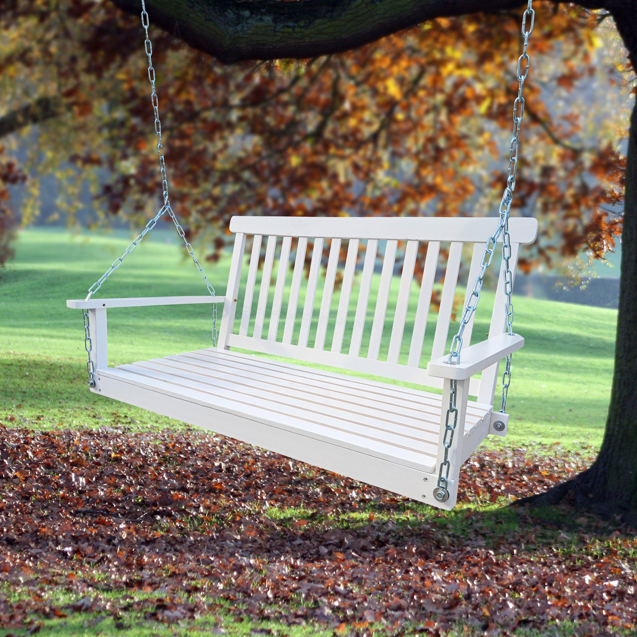 White Front Porch Swing with Armrests and Hanging Chains, Easy to Assemble