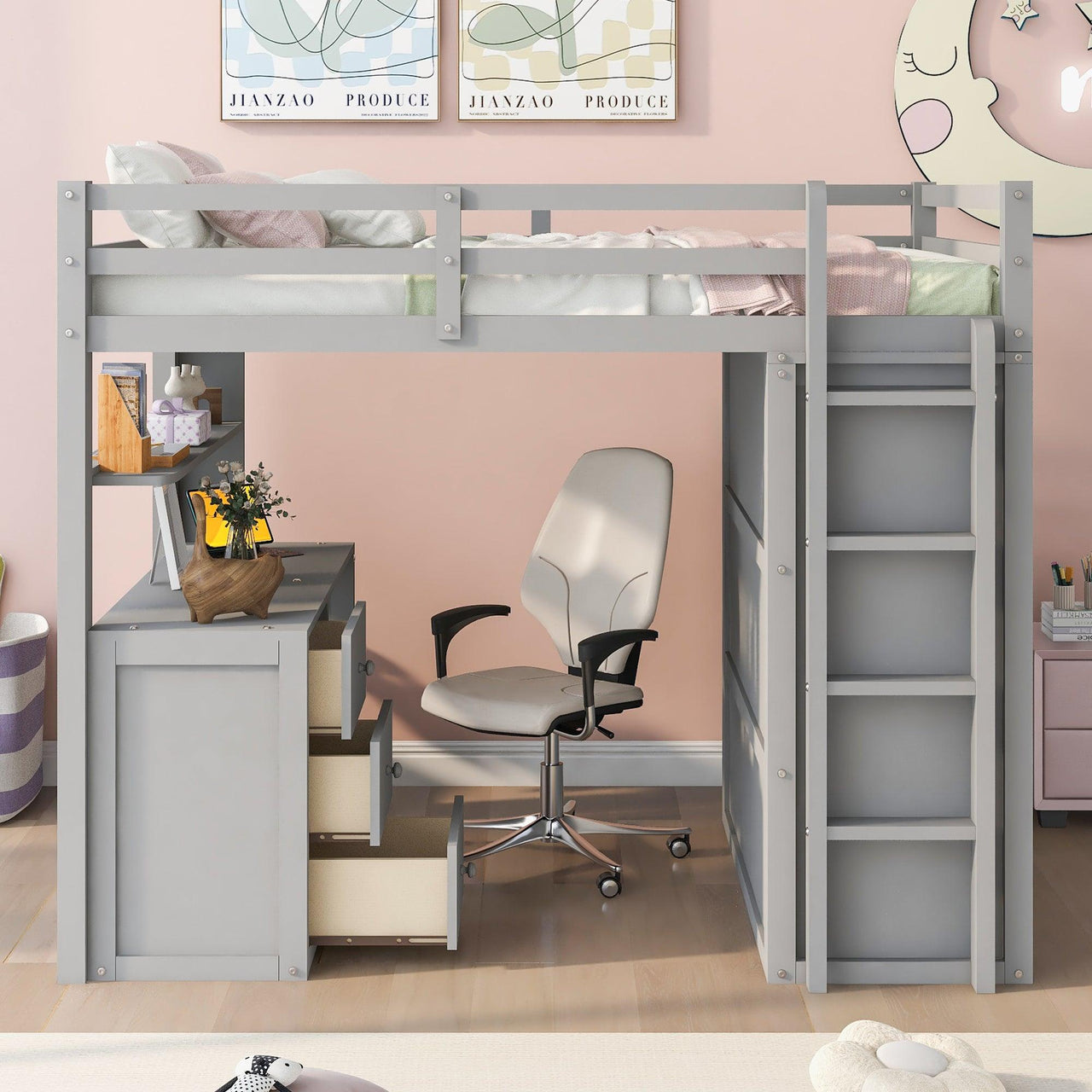 Full Size Loft Bed with Drawers, Desk, and Wardrobe, Gray