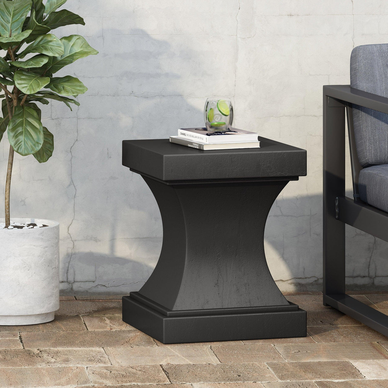 Black Modern Pedestal Side Table with Lightweight Concrete Design