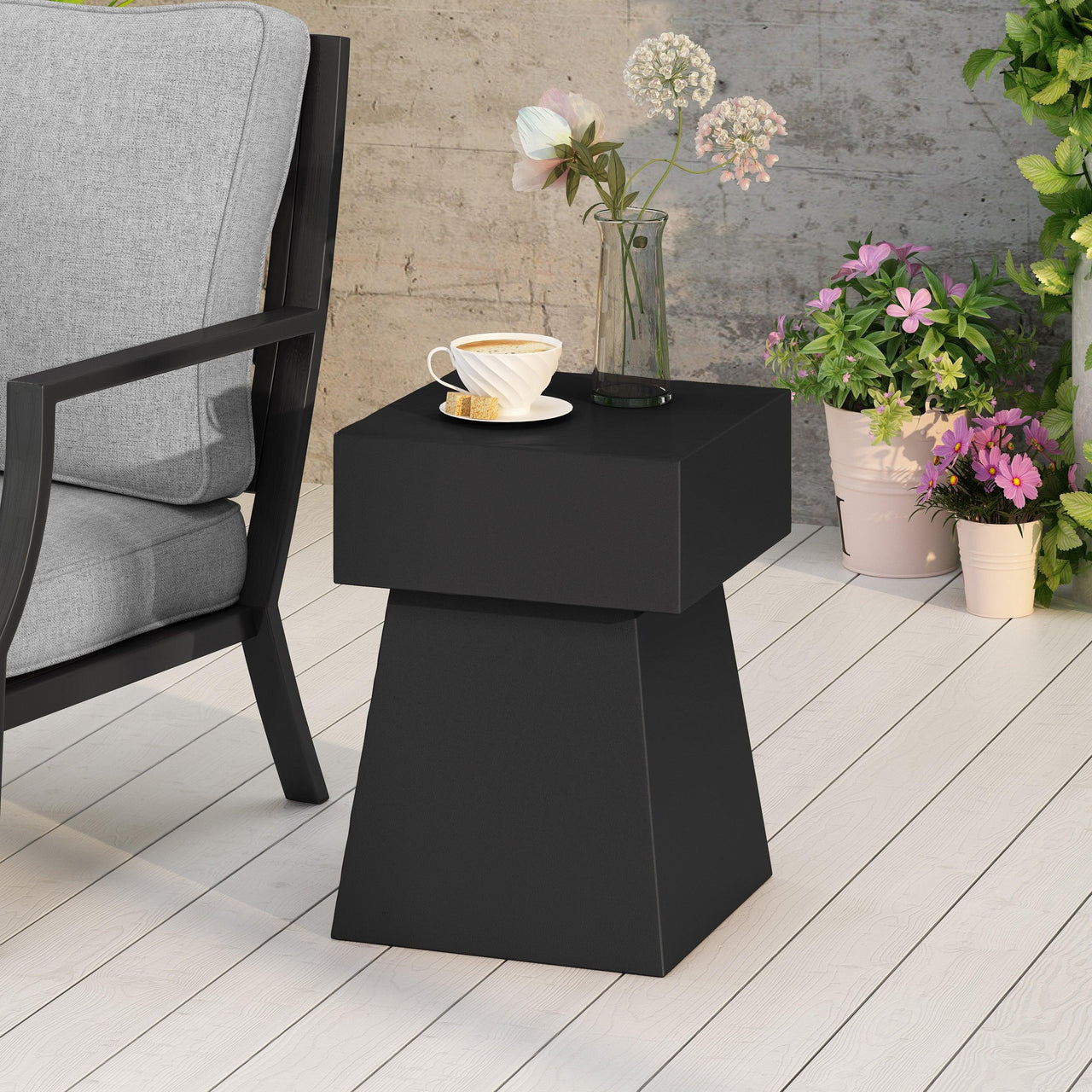 Modern Black Magnesium Oxide Side Table with Pedestal Design