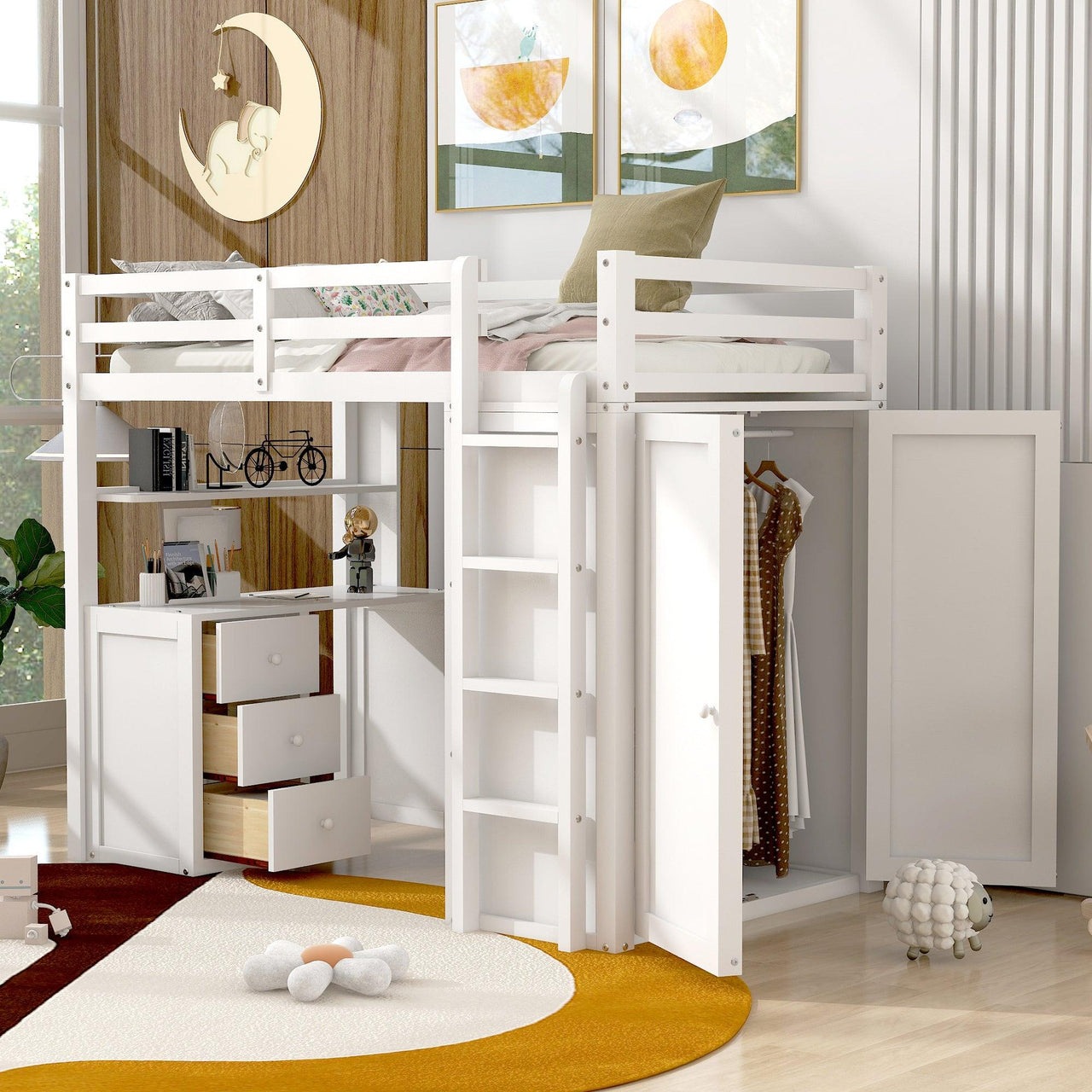 Twin size Loft Bed with Drawers, Desk And Wardrobe-White