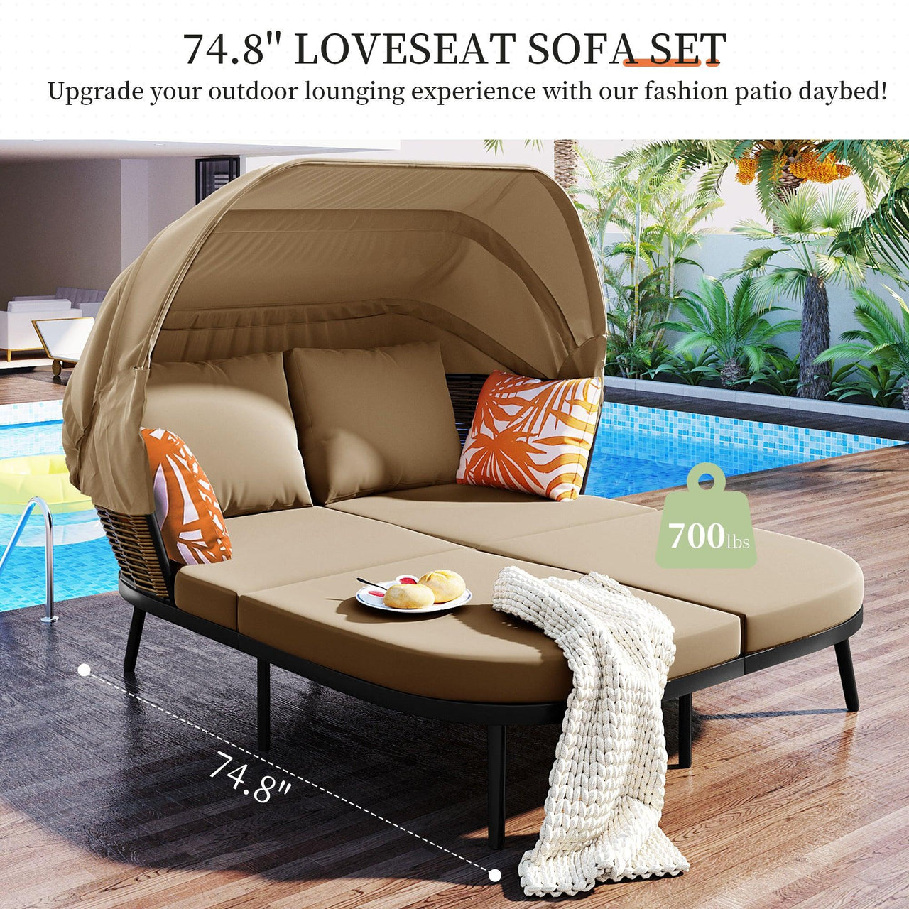 74.8" L Patio Daybed with Retractable Canopy, Rattan PE Wicker Back Loveseat Sofa Set with Throw Pillows and Cushions, Brown