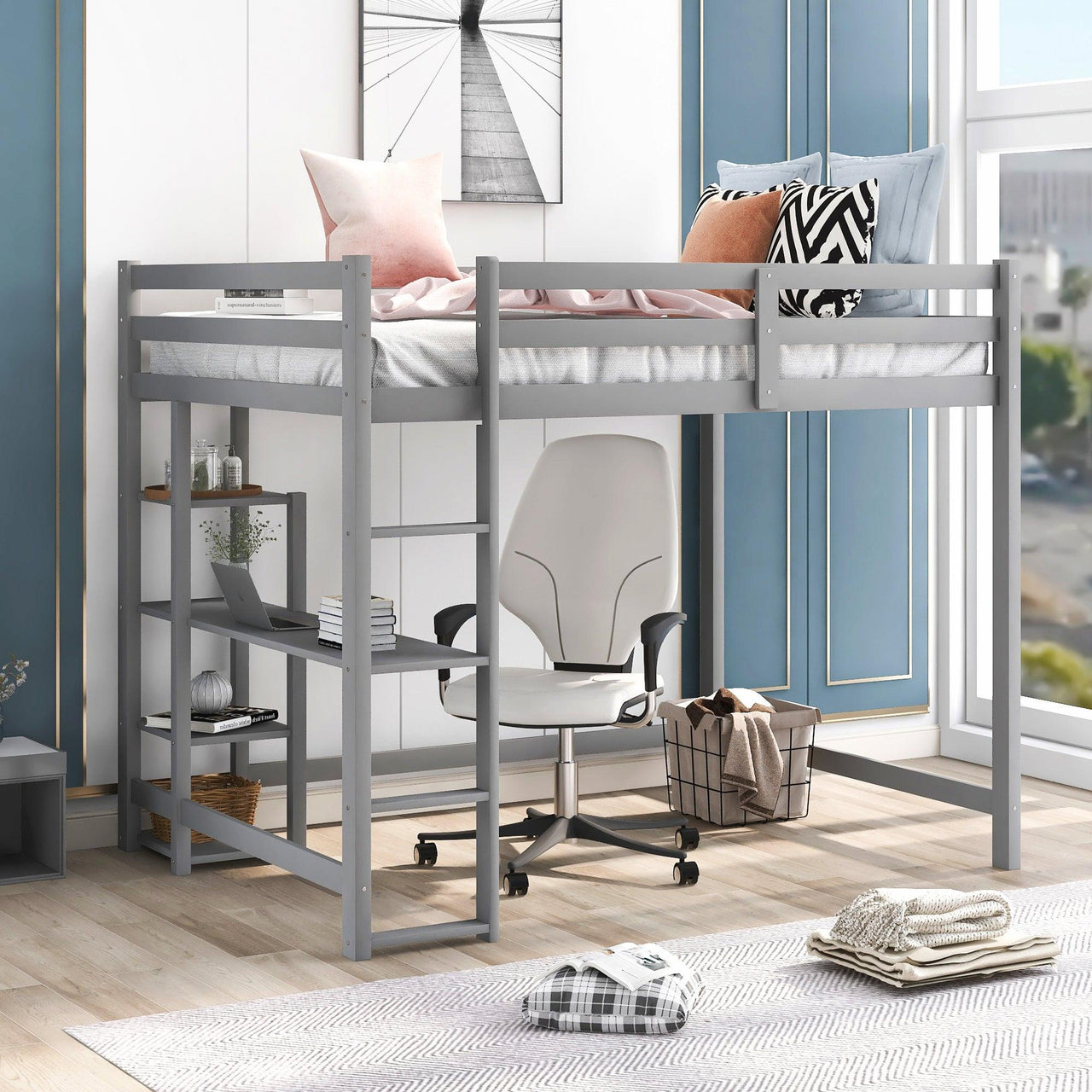 Full Size Loft Bed with Built-in Desk and Shelves, Gray