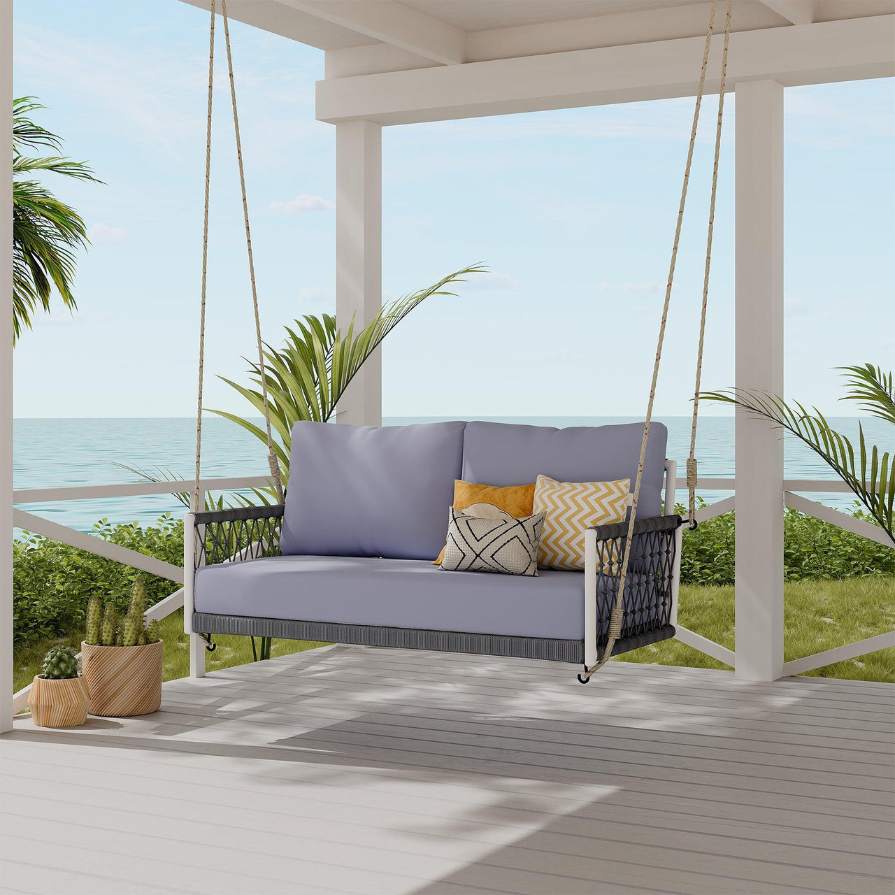 Woven Rope Outdoor Porch Swing Sofa with Cushions, Seats 2, Light Grey