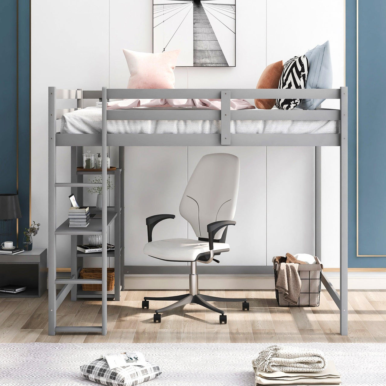 Full Size Loft Bed with Built-in Desk and Shelves, Gray