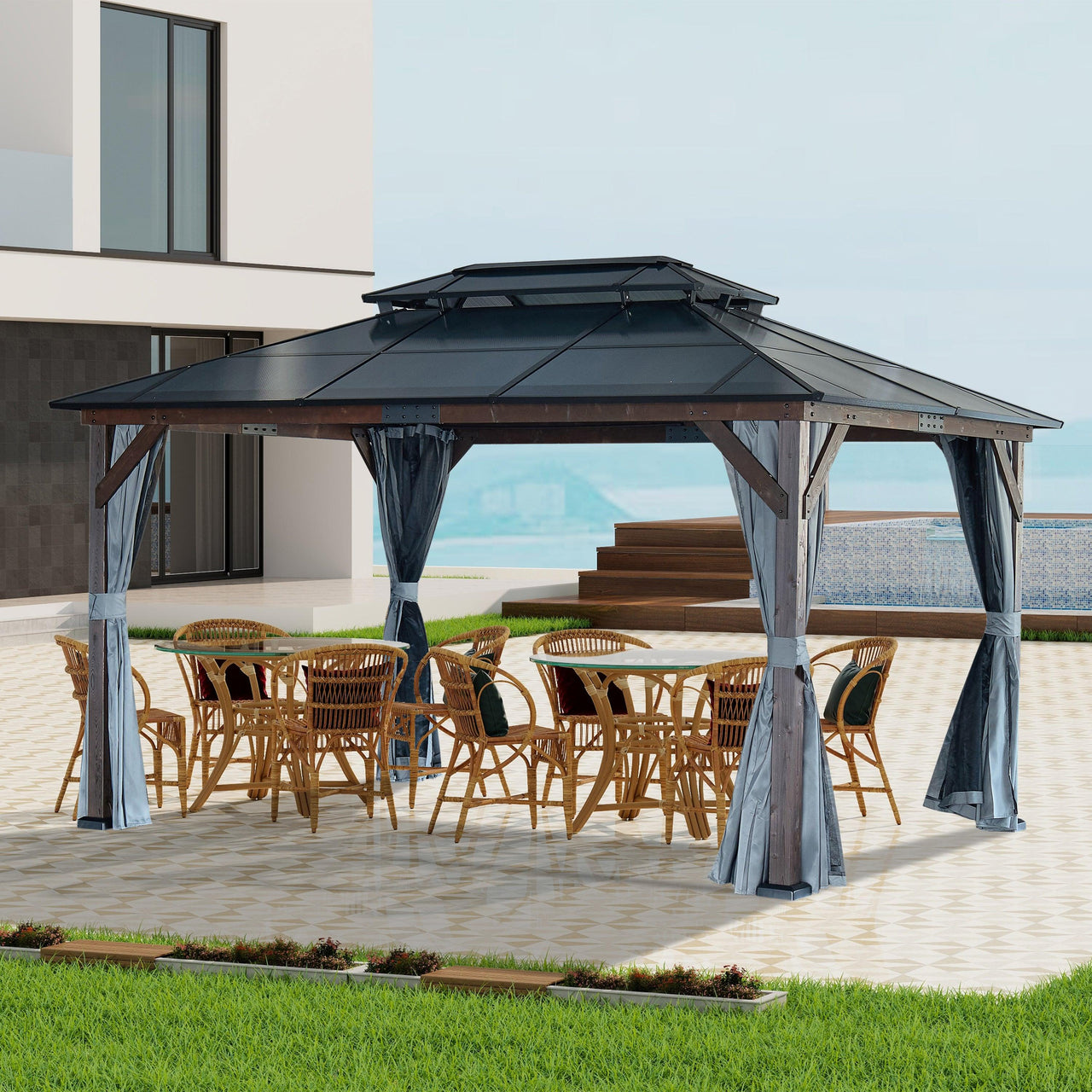 10' x 13' Hardtop Wood Gazebo for Patios, Polycarbonate Double Roof Canopy, Solid Wooden Framed Gazebo