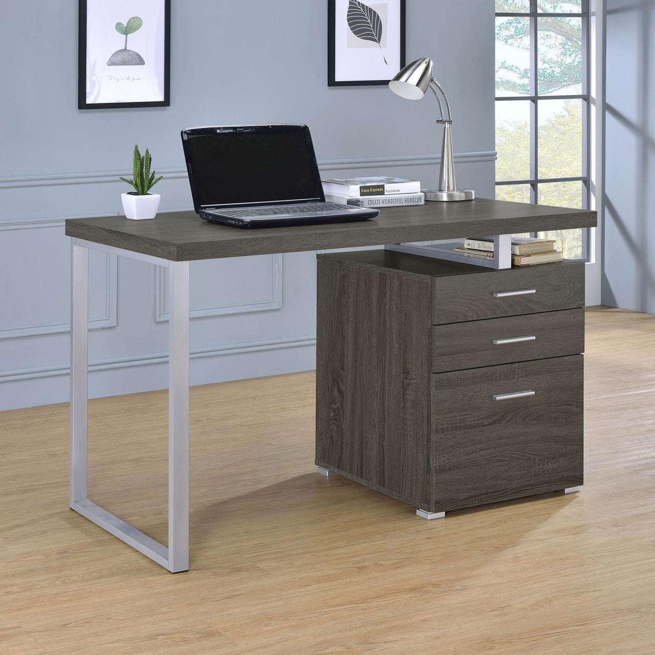 Contemporary Students Computer Desk, 47" Gray Wood, 3 Drawers, Modern with Storage