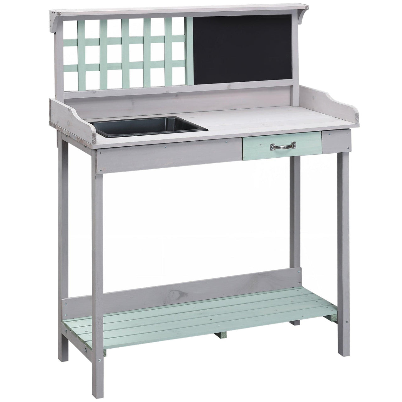 Outdoor Wooden Potting Bench Table with Sink, Chalkboard, Drawer, Shelves, Light Gray